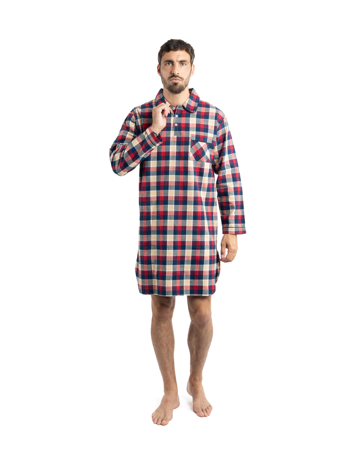 Long Shirt Collar Checked Flannel Shirt Pure Combed Cotton Beige
