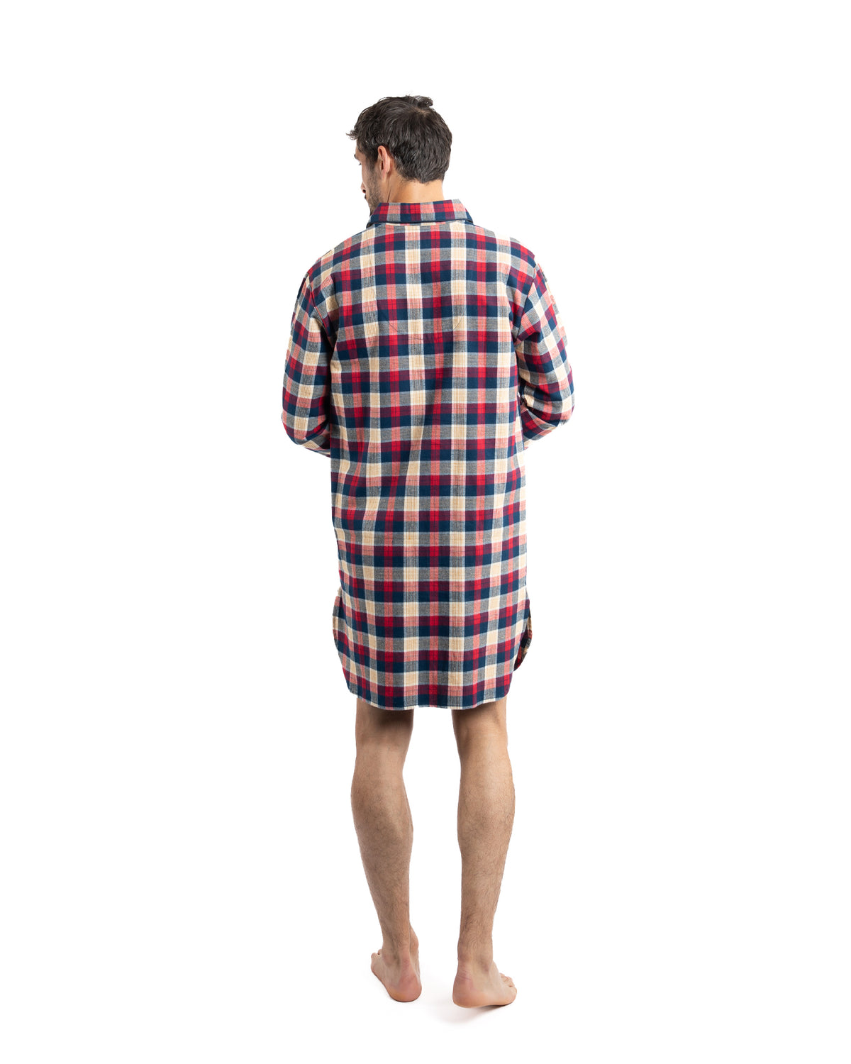 Long Shirt Collar Checked Flannel Shirt Pure Combed Cotton Beige