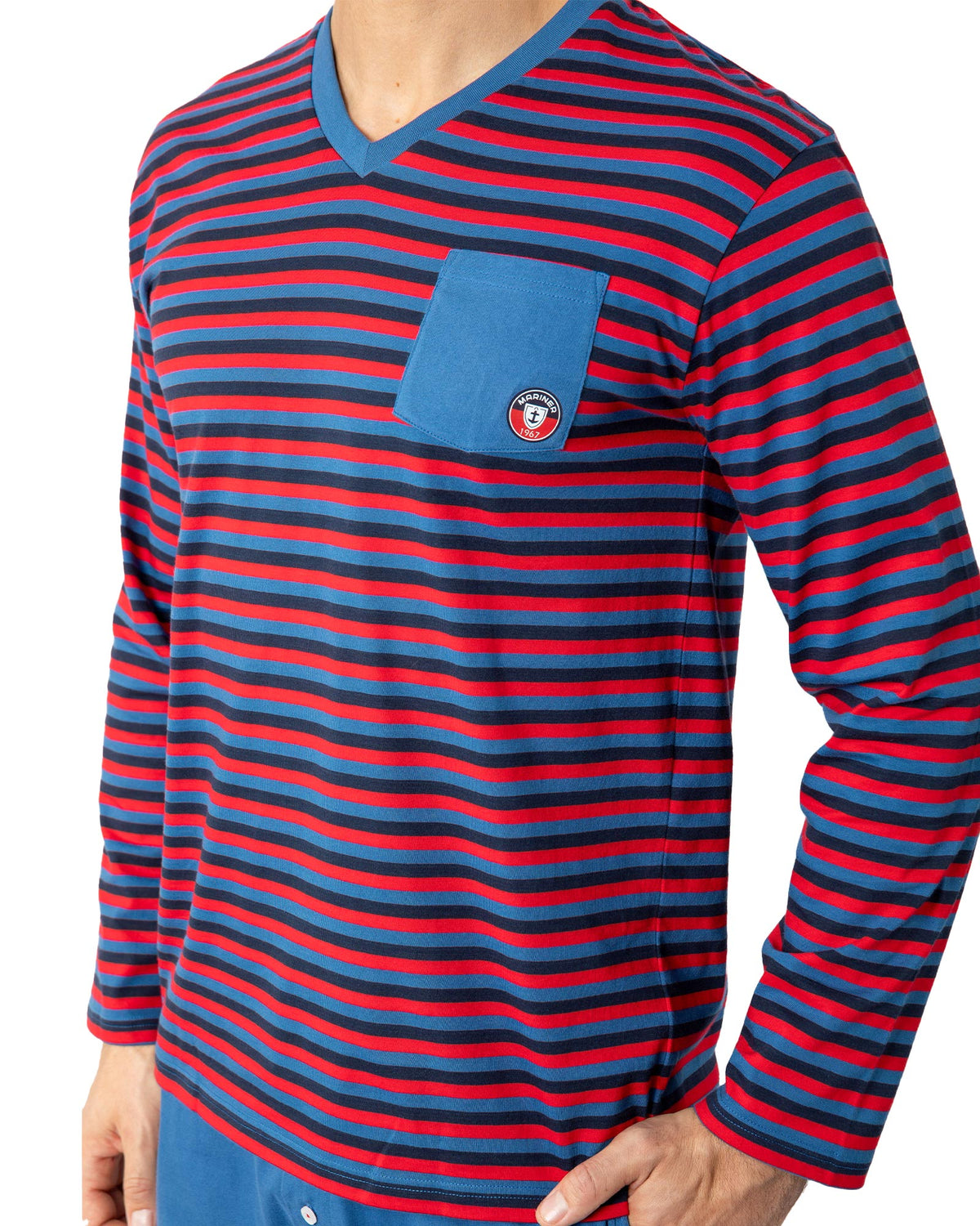 Blue Striped Cotton Jersey V-Neck Pajamas
