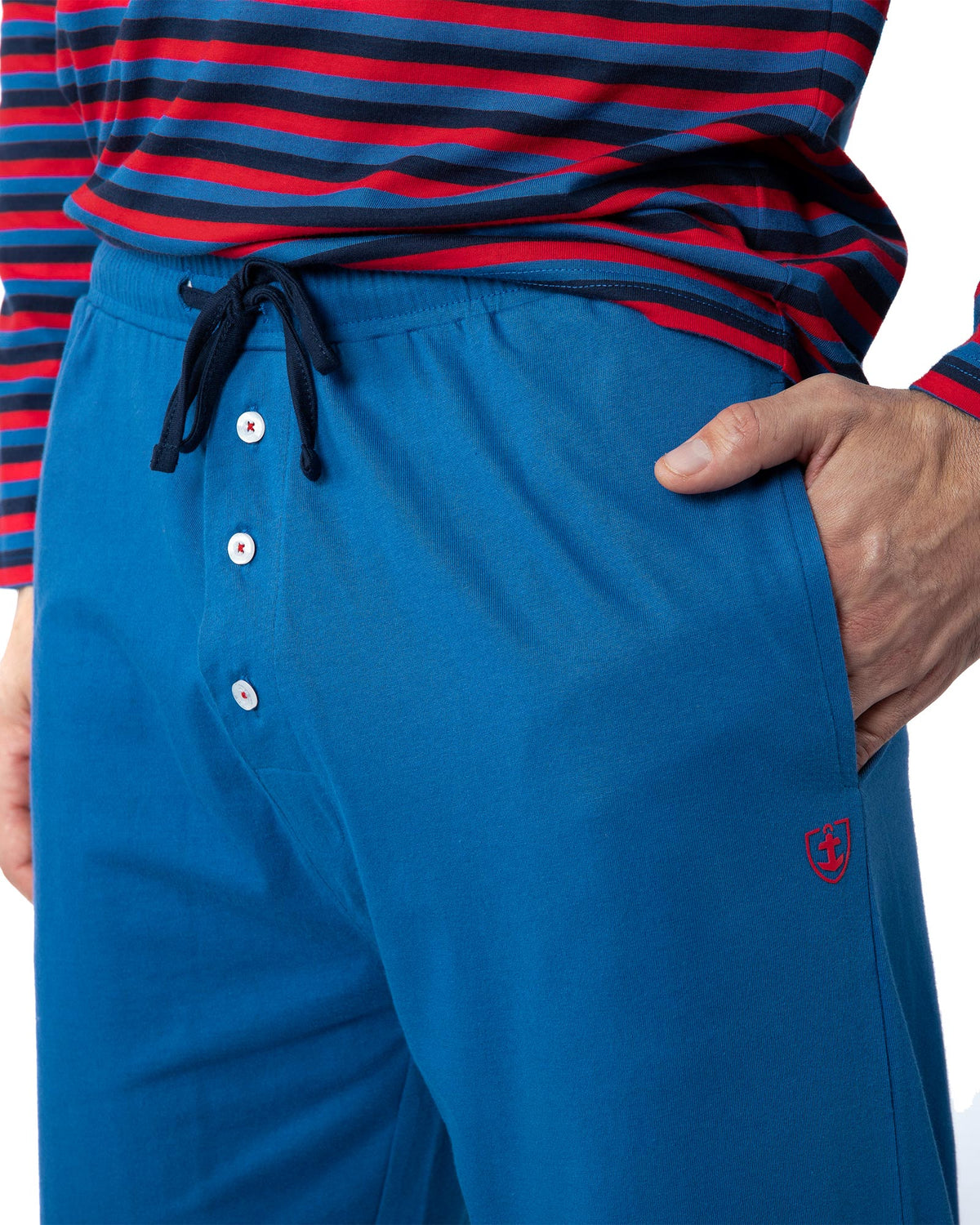 Blue Striped Cotton Jersey V-Neck Pajamas
