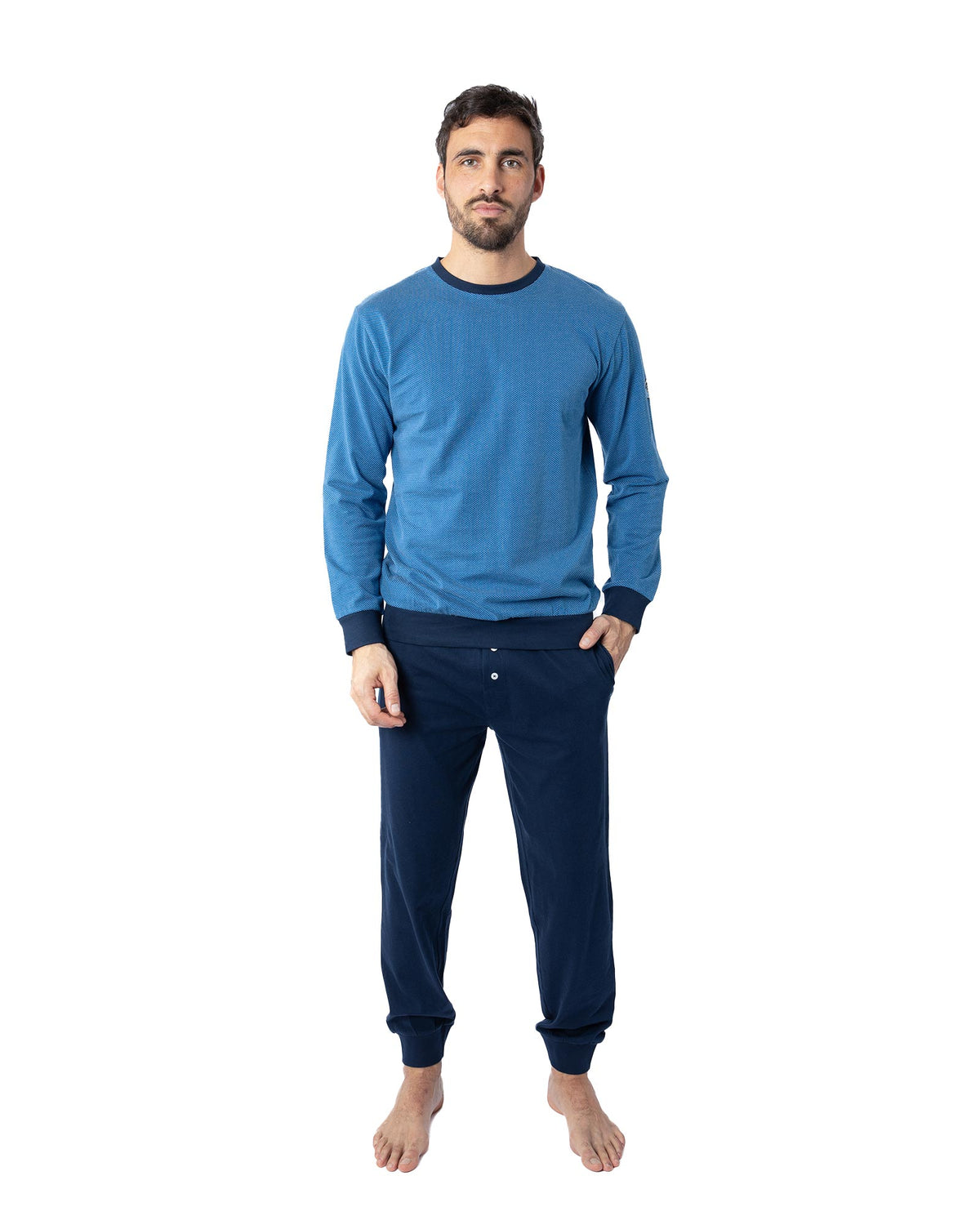 Round Neck Pajamas in Navy Piqué Knit Cotton Jersey