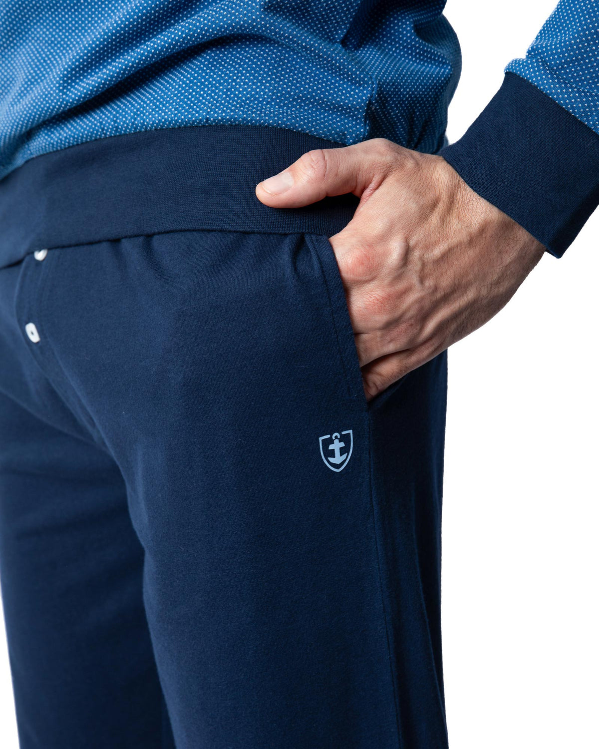 Round Neck Pajamas in Navy Piqué Knit Cotton Jersey