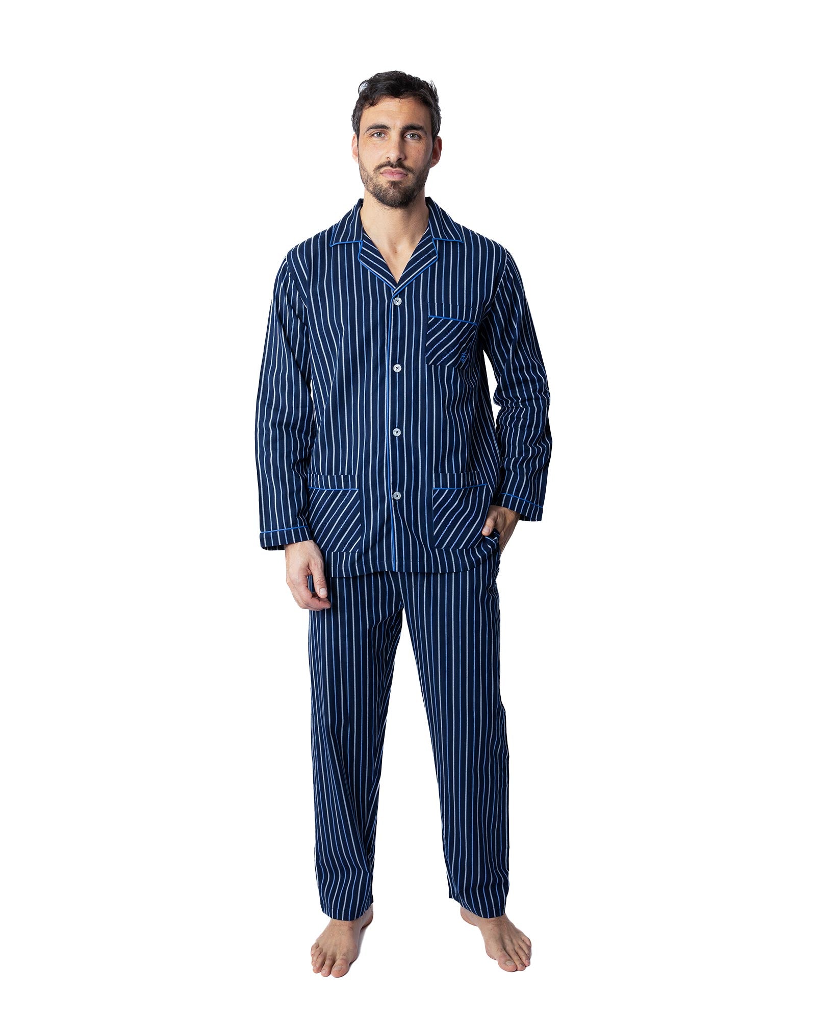 Pyjama Long Ouvert en popeline Rayée de Pur Coton Peigné BLEU MARINE G446