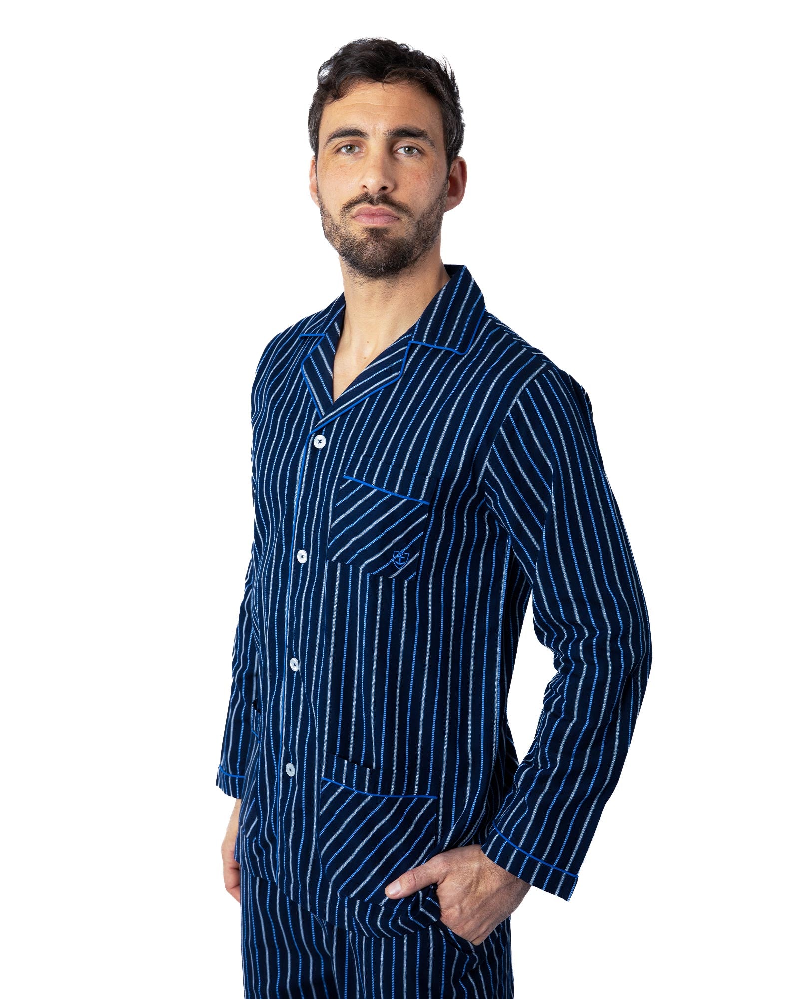 Pyjama Long Ouvert en popeline Rayée de Pur Coton Peigné BLEU MARINE G446