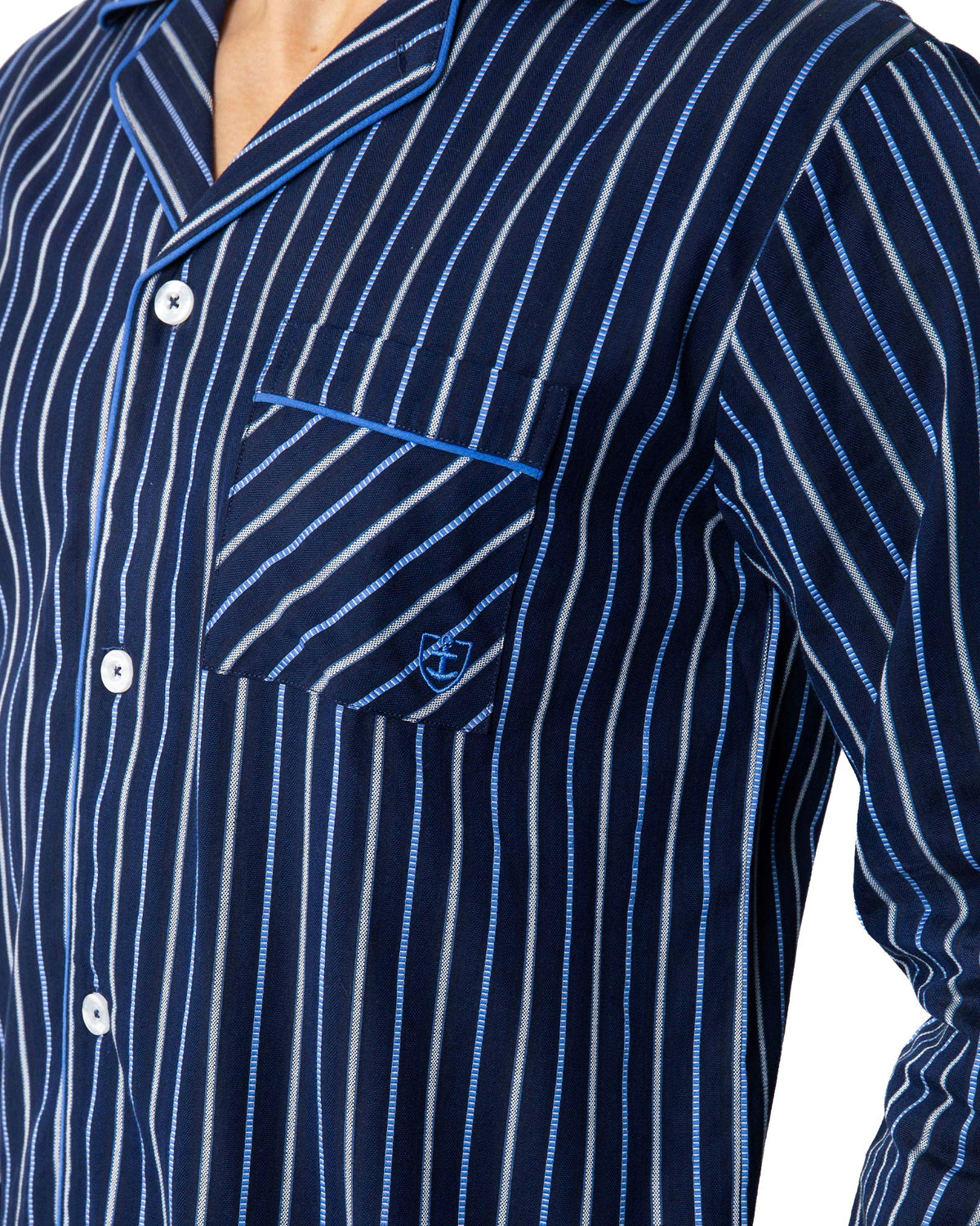 Long Open Pajamas in Pure Combed Cotton Printed Poplin NAVY BLUE