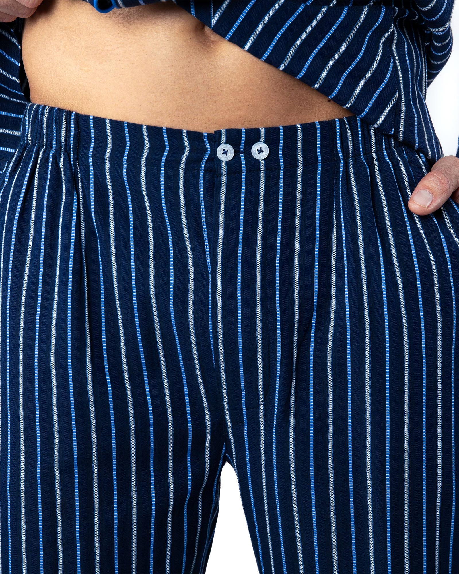 Pyjama Long Ouvert en popeline Rayée de Pur Coton Peigné BLEU MARINE G446