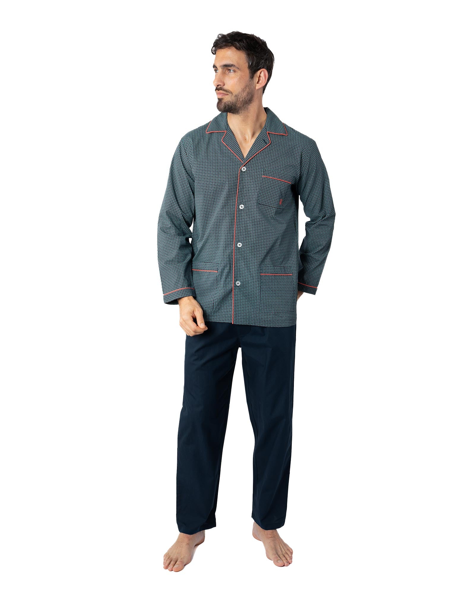 Pyjama Long Ouvert en popeline Imprimée de Coton Peigné MARINE G448