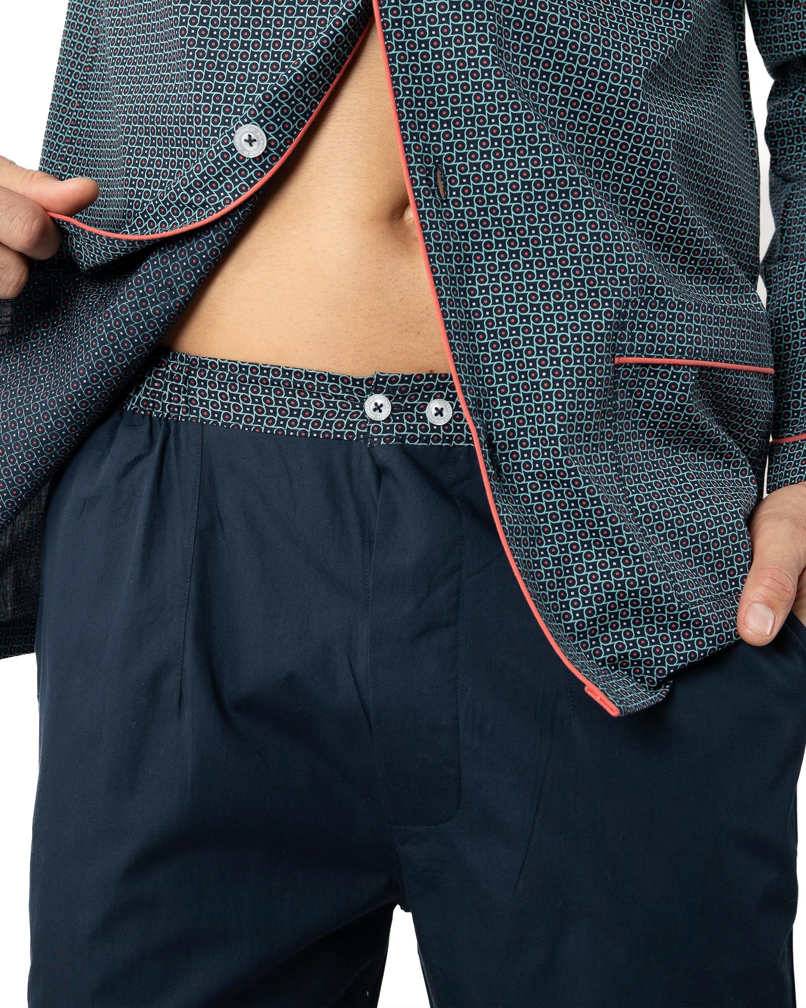 Pyjama Long Ouvert en popeline Imprimée de Coton Peigné MARINE G448