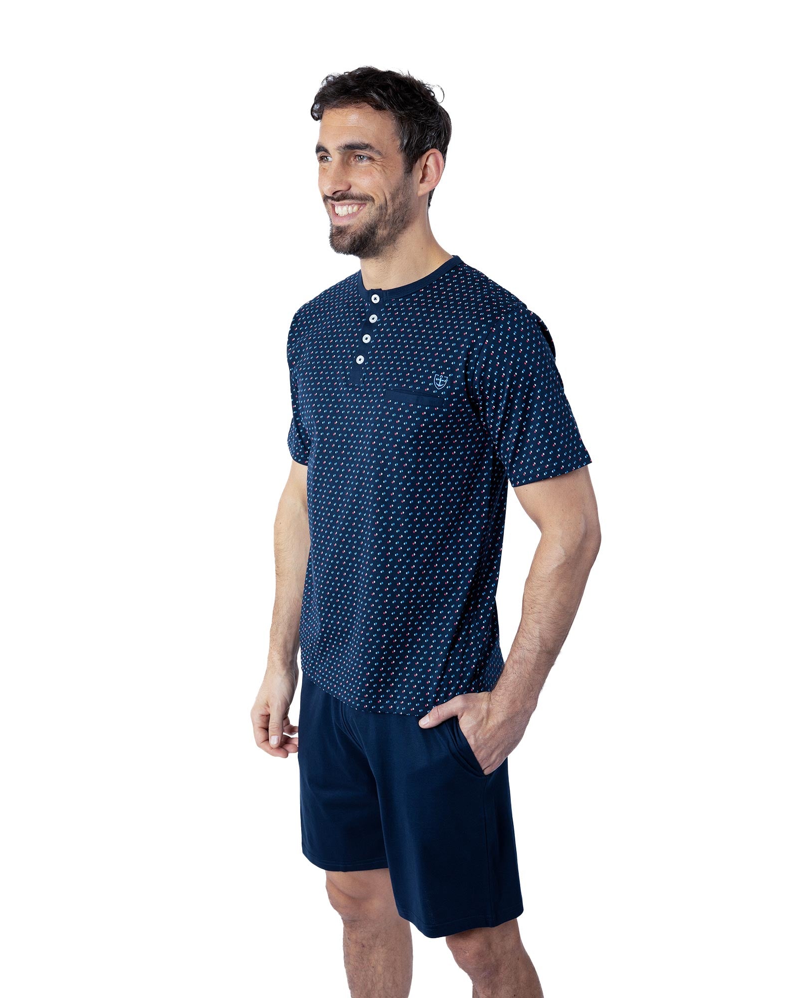 Pyjacourt pour Homme Col boutonné en Jersey de Coton Mercerisé Marine G580