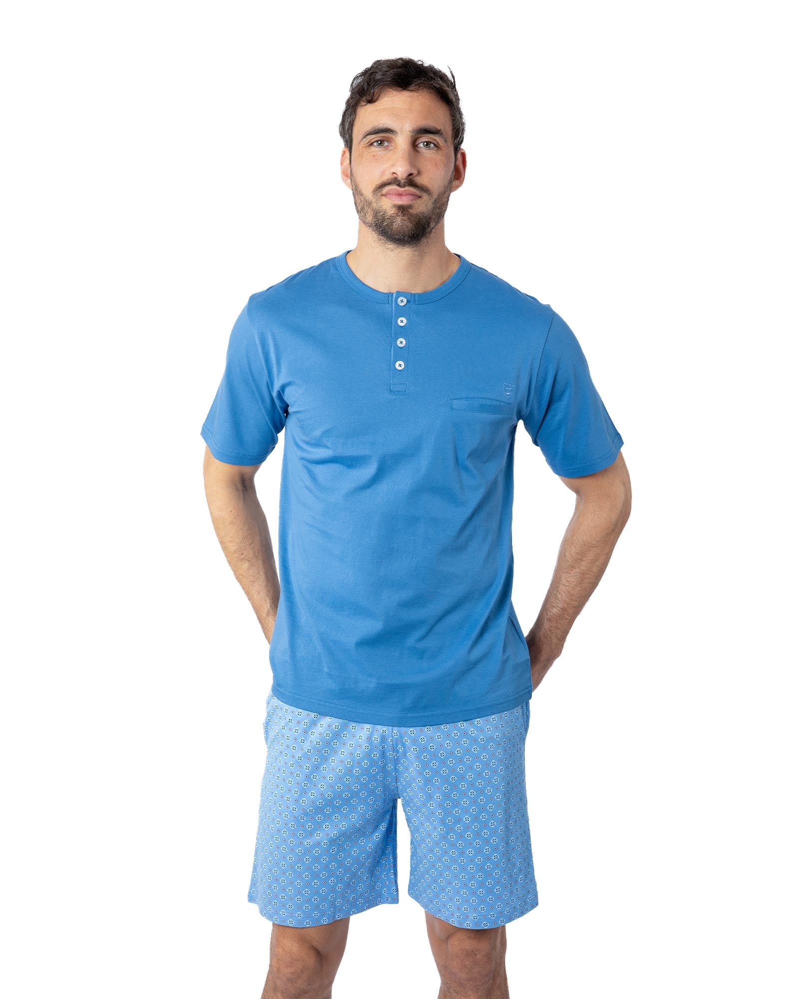 Pyjacourt encolure boutonnée en Jersey de Coton Mercerisé Indigo G581