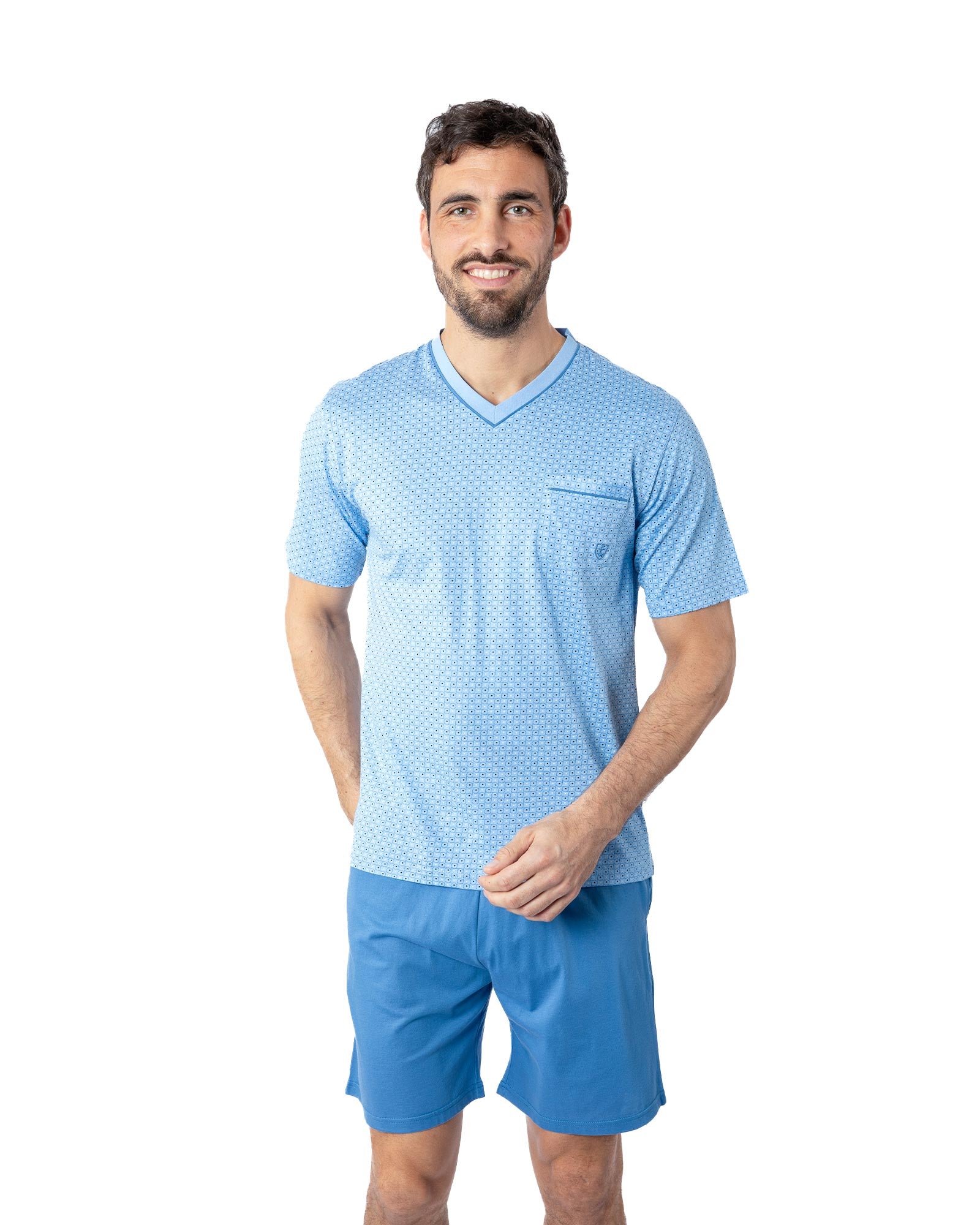 Pyjacourt pour homme col V en Jersey de Coton Mercerisé Ciel G583