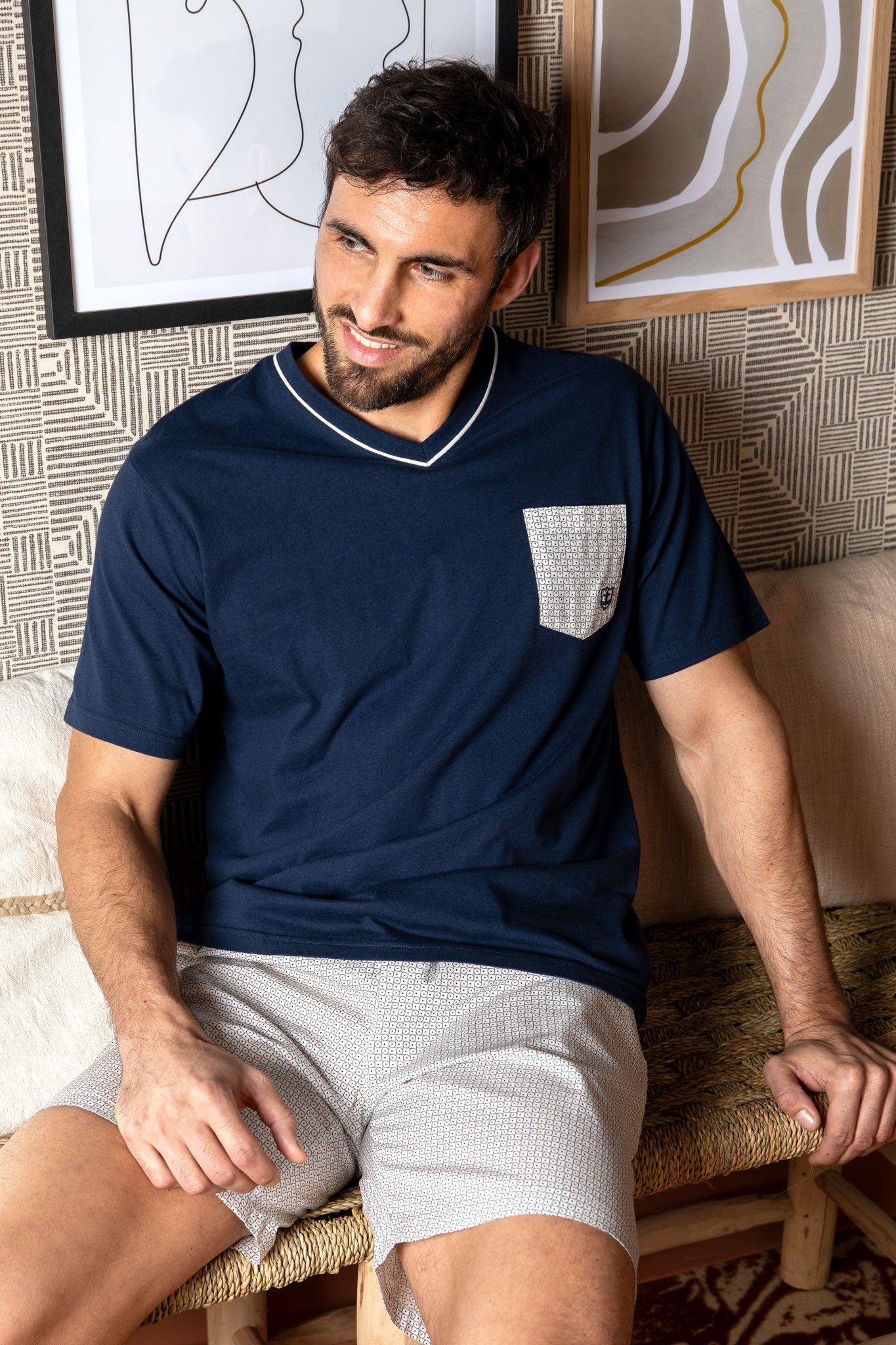 Pyjacourt pour Homme encolure V en jersey de coton et popeline imprimée Marine G586