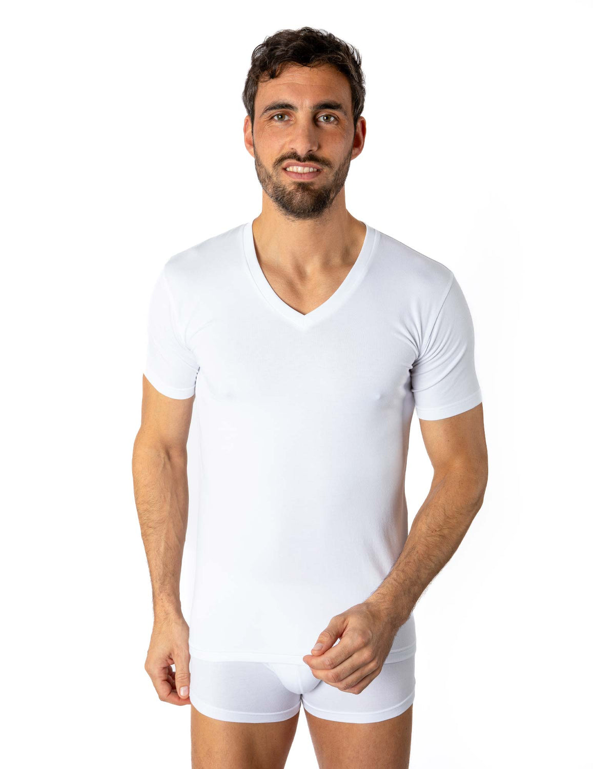 Wit katoenen T-shirt met V-hals SUPIMA® G605
