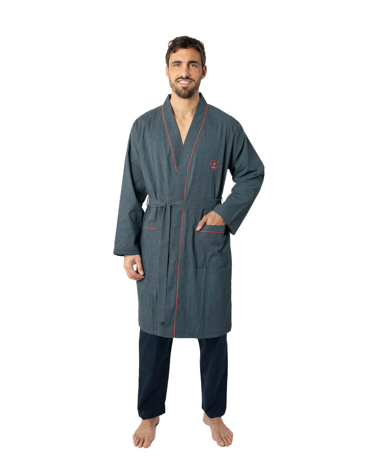 Bathrobe in Pure Cotton Printed Poplin Lined with Sponge NAVY BLUE