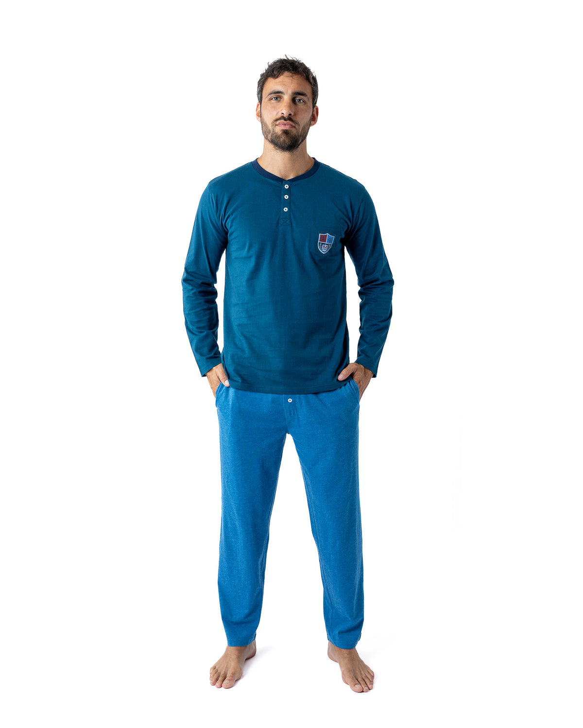 Buttoned Collar Pajamas in Navy Cotton Jersey with Brown Stripes