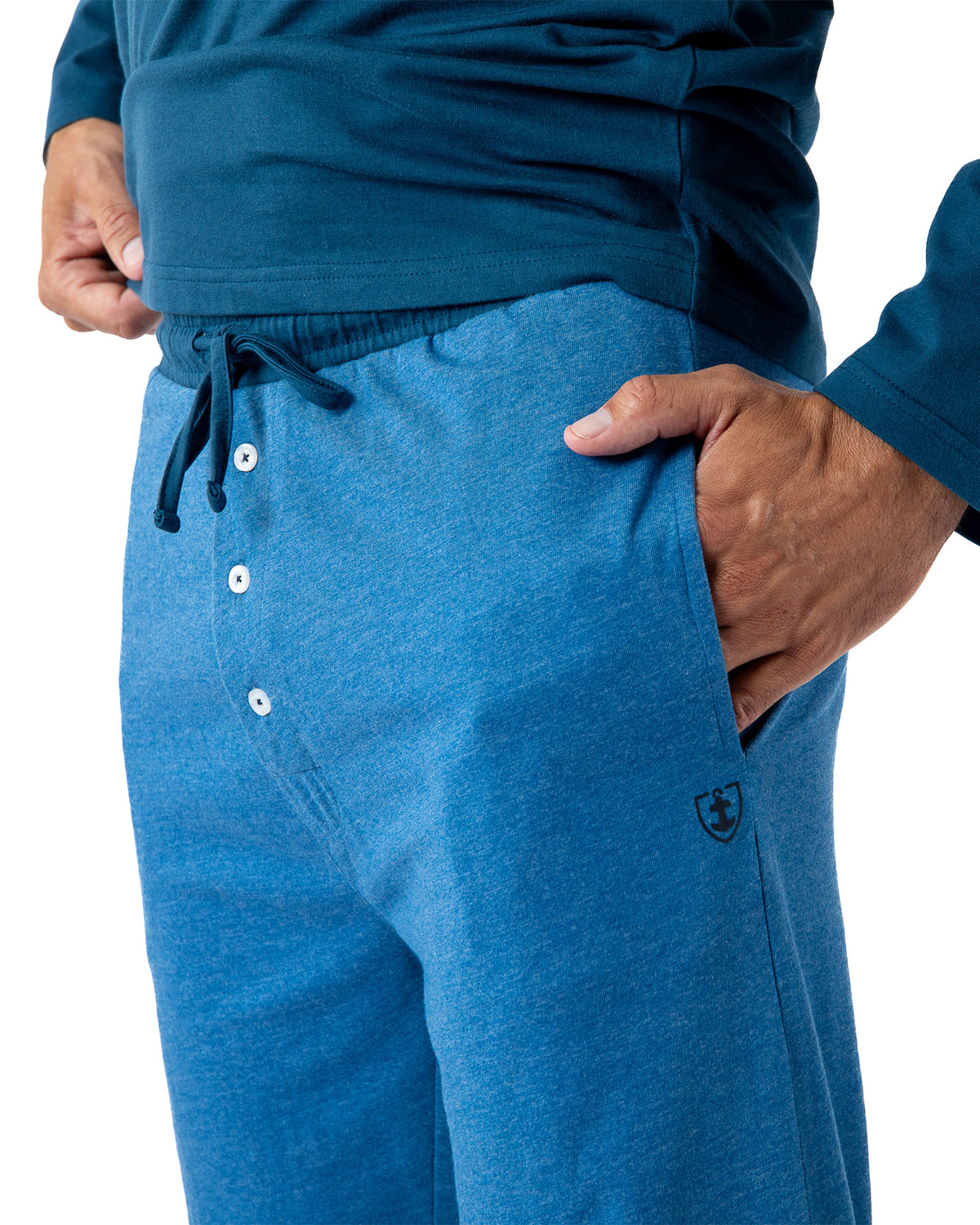 Buttoned Collar Pajamas in Navy Cotton Jersey with Brown Stripes