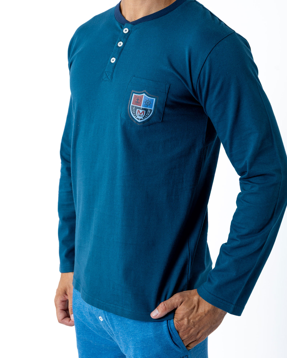 Buttoned Collar Pajamas in Navy Cotton Jersey with Brown Stripes