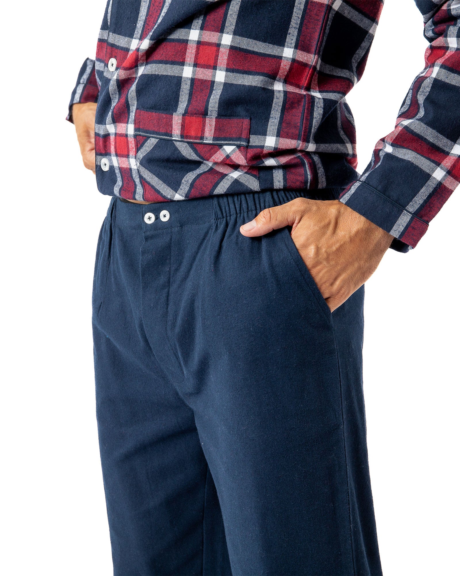 Pyjama Long ouvert en flanelle de pur coton peigné à carreaux écossais Marine H422