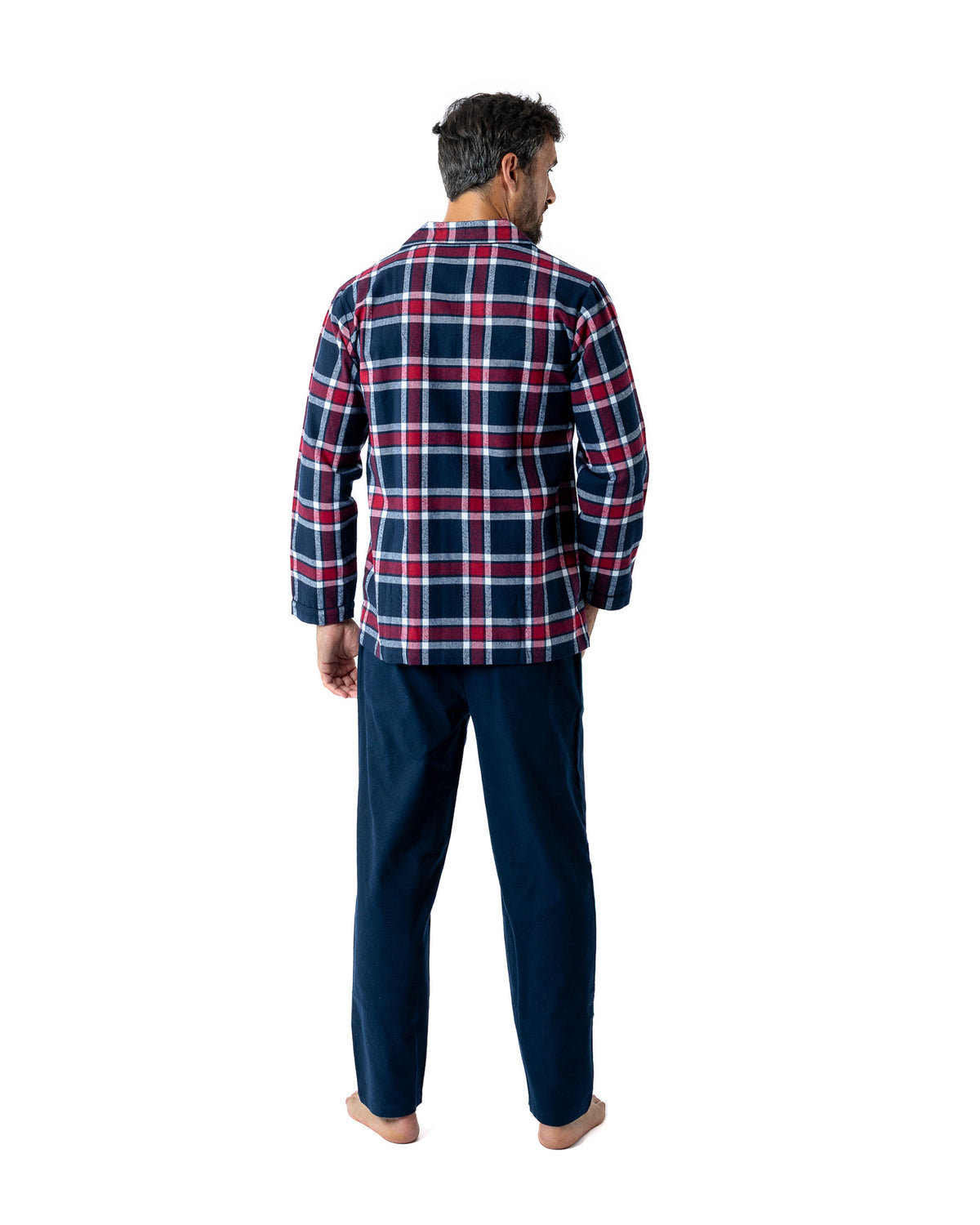 Navy Blue Pure Combed Cotton Flannel Open Long Scottish Check Pajamas