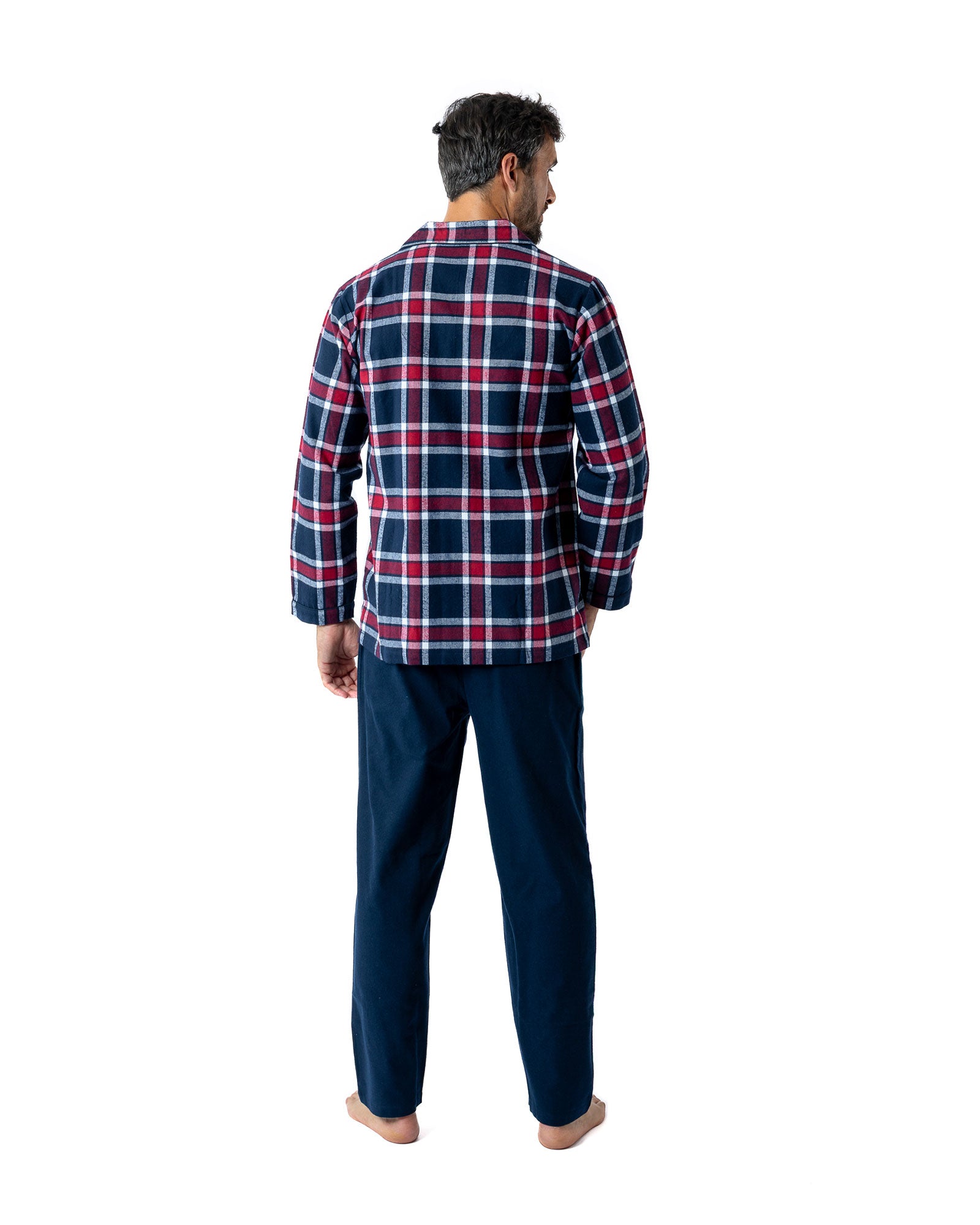 Pyjama Long ouvert en flanelle de pur coton peigné à carreaux écossais Marine H422