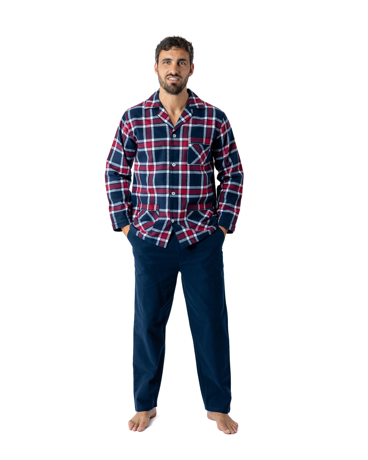 Navy Blue Pure Combed Cotton Flannel Open Long Scottish Check Pajamas