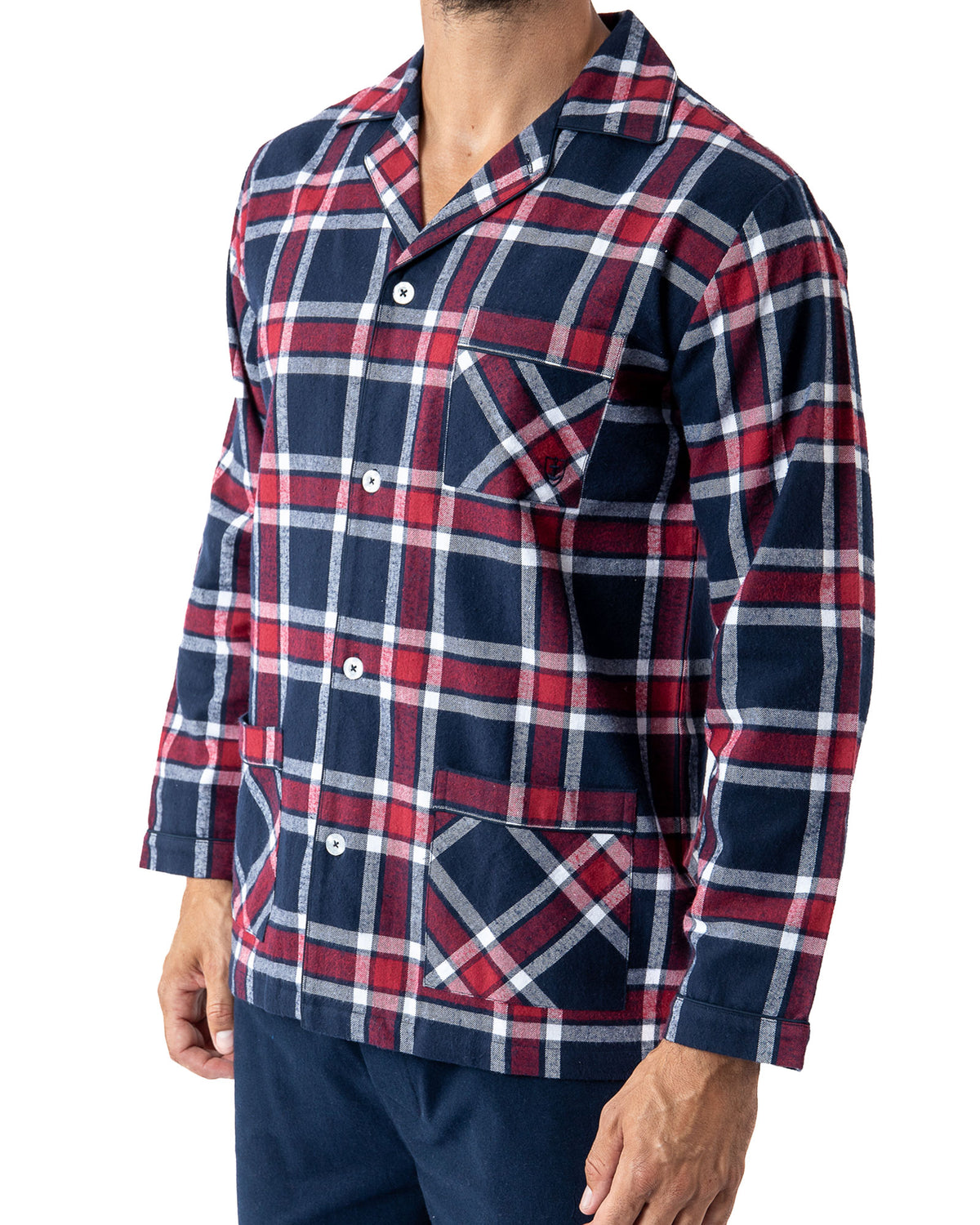 Navy Blue Pure Combed Cotton Flannel Open Long Scottish Check Pajamas