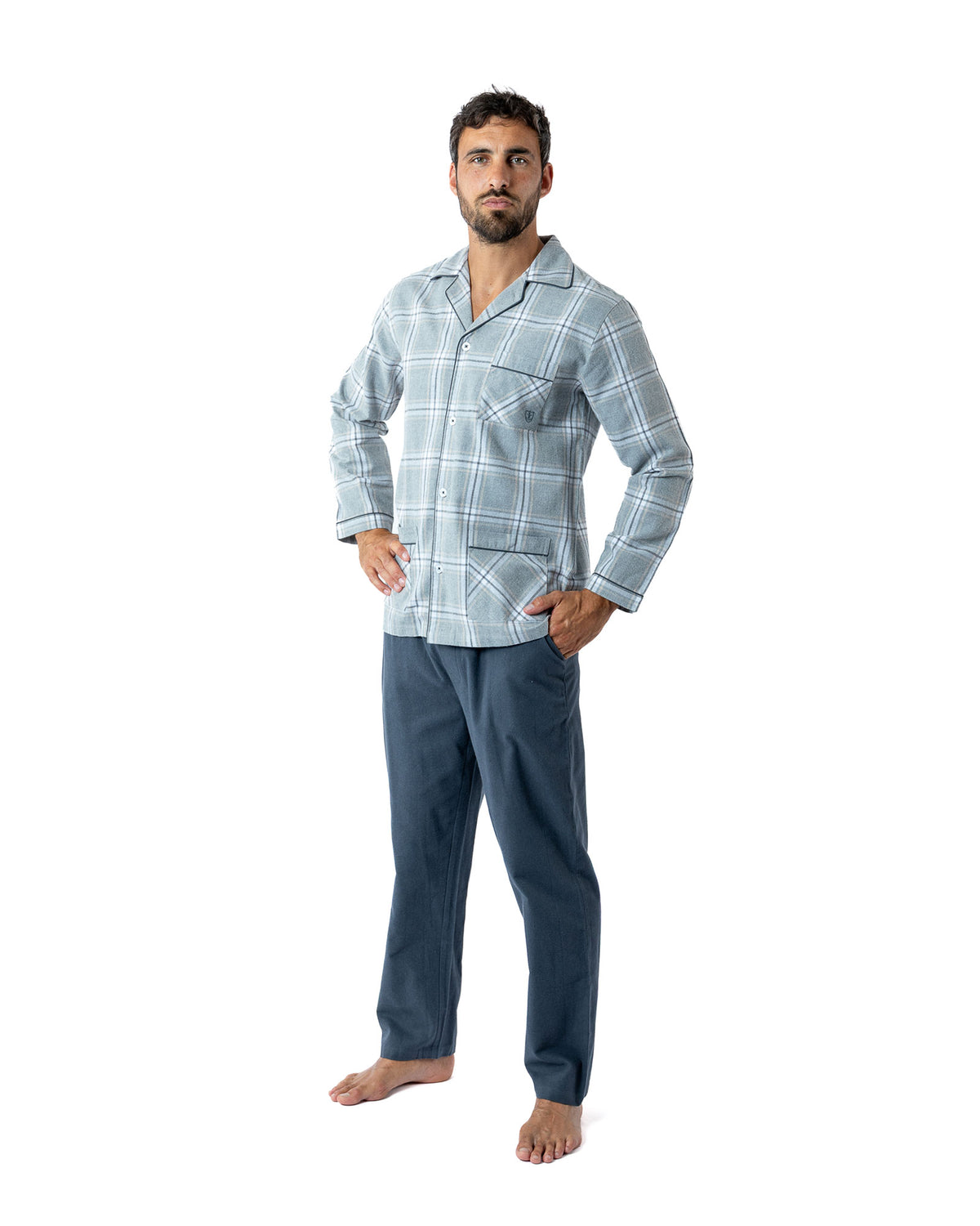 Navy Blue Pure Combed Cotton Flannel Open Long Scottish Check Pajamas