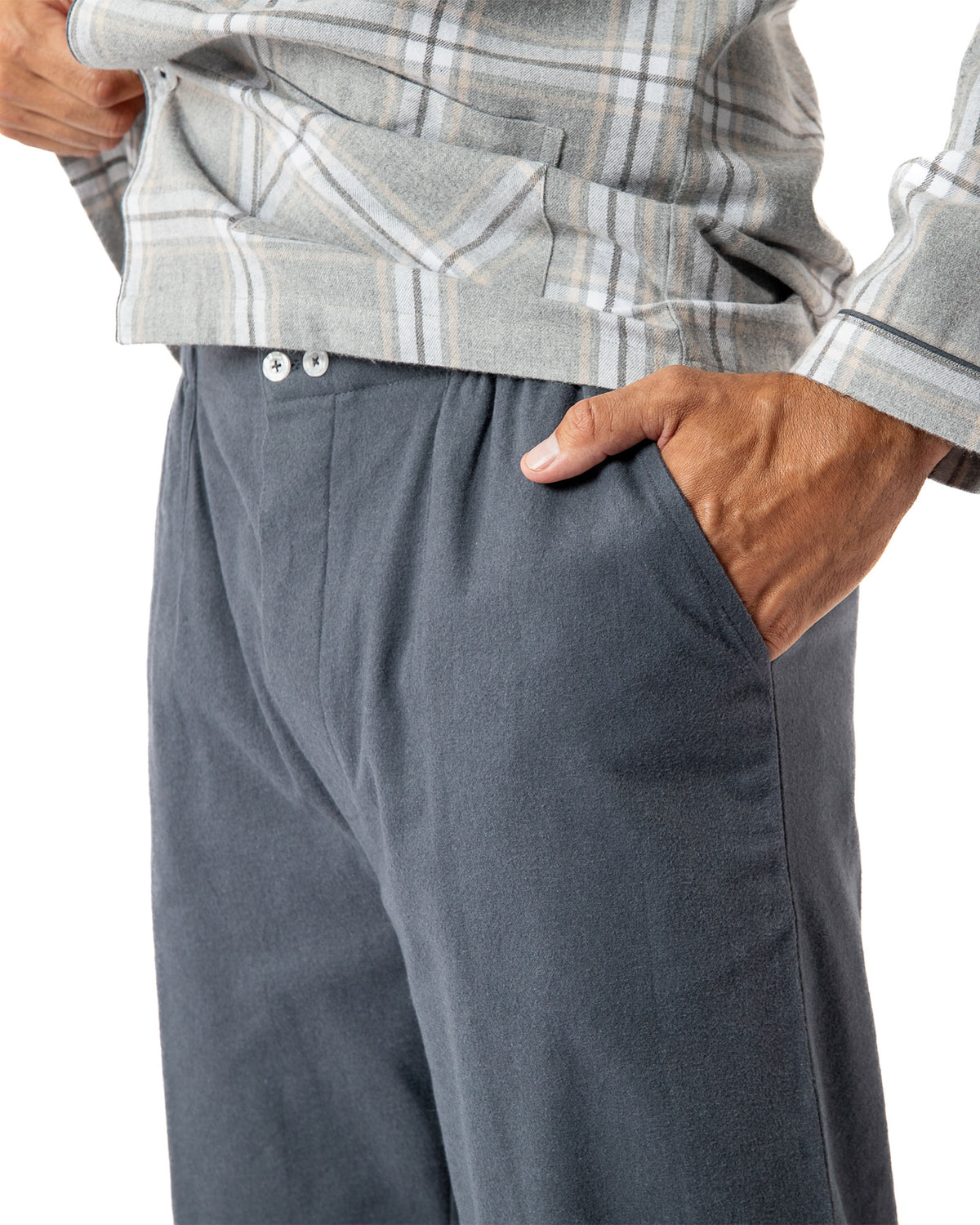 Navy Blue Pure Combed Cotton Flannel Open Long Scottish Check Pajamas