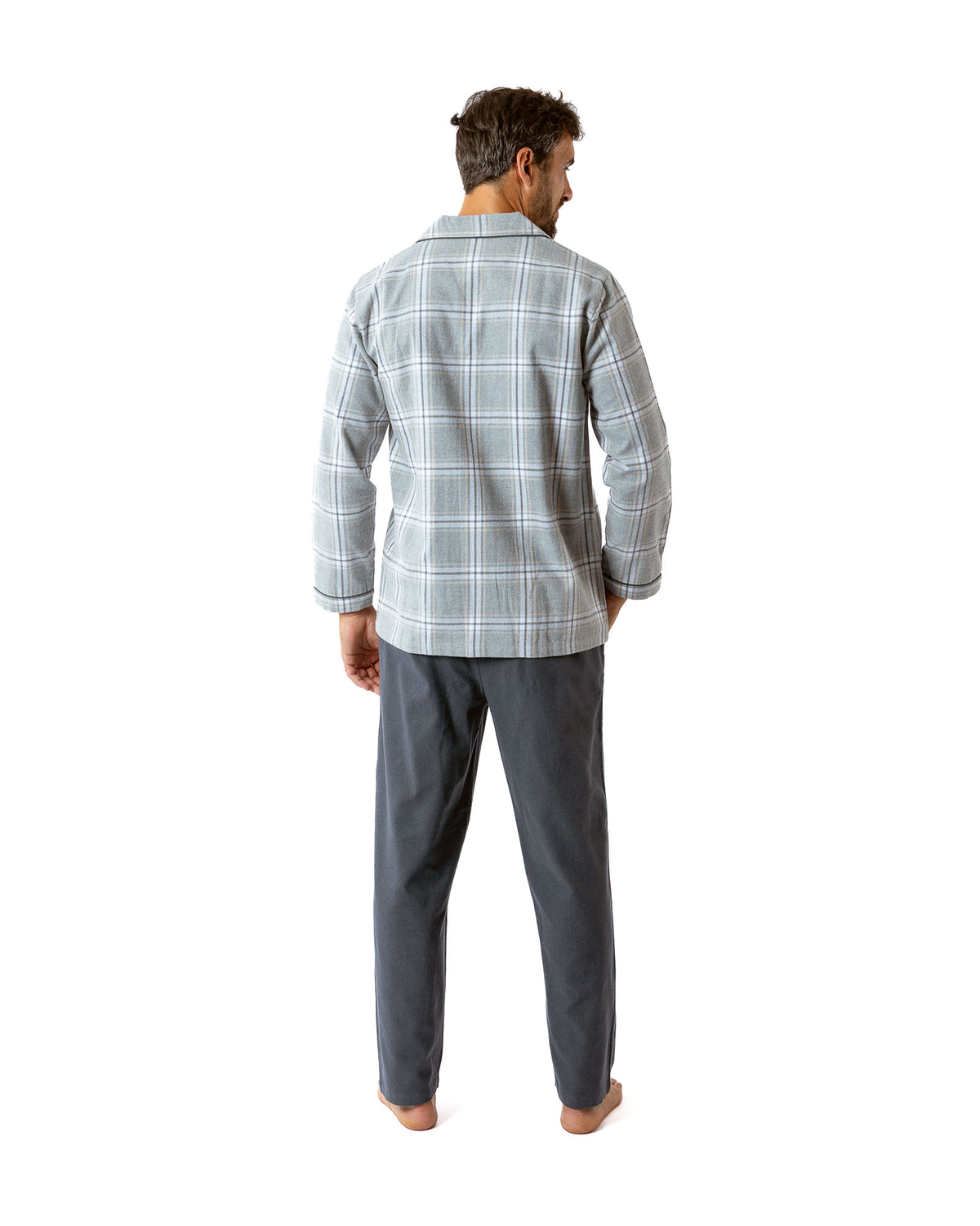 Navy Blue Pure Combed Cotton Flannel Open Long Scottish Check Pajamas