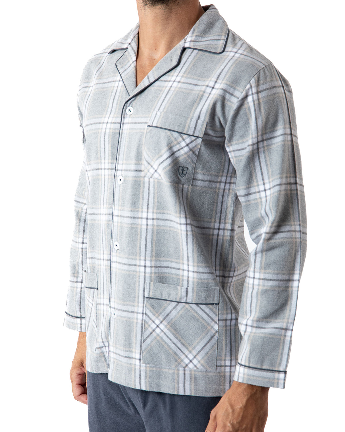 Navy Blue Pure Combed Cotton Flannel Open Long Scottish Check Pajamas