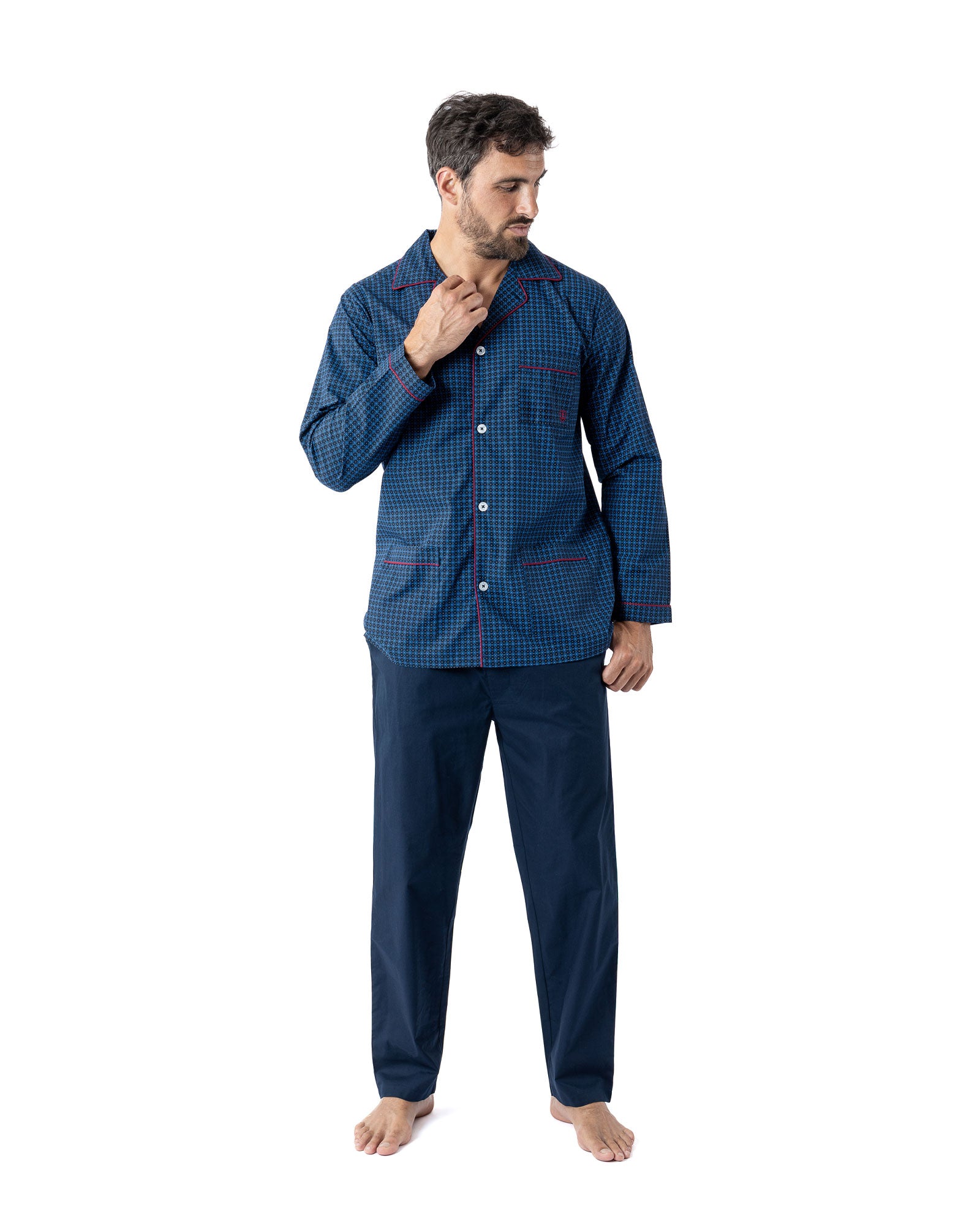 Pyjama Long Ouvert en popeline de pur Coton imprimé Marine H425