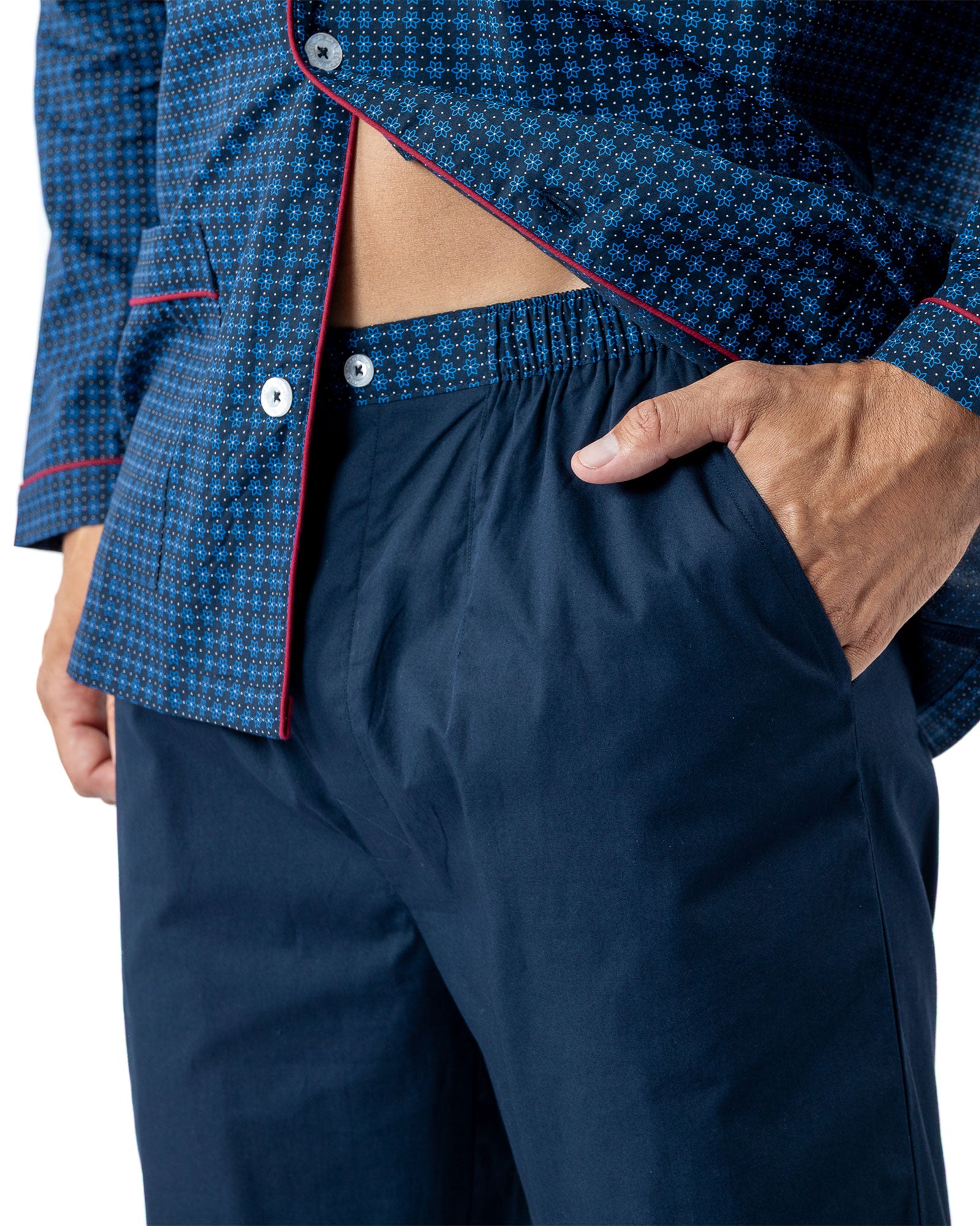 Pyjama Long Ouvert en popeline de pur Coton imprimé Marine H425