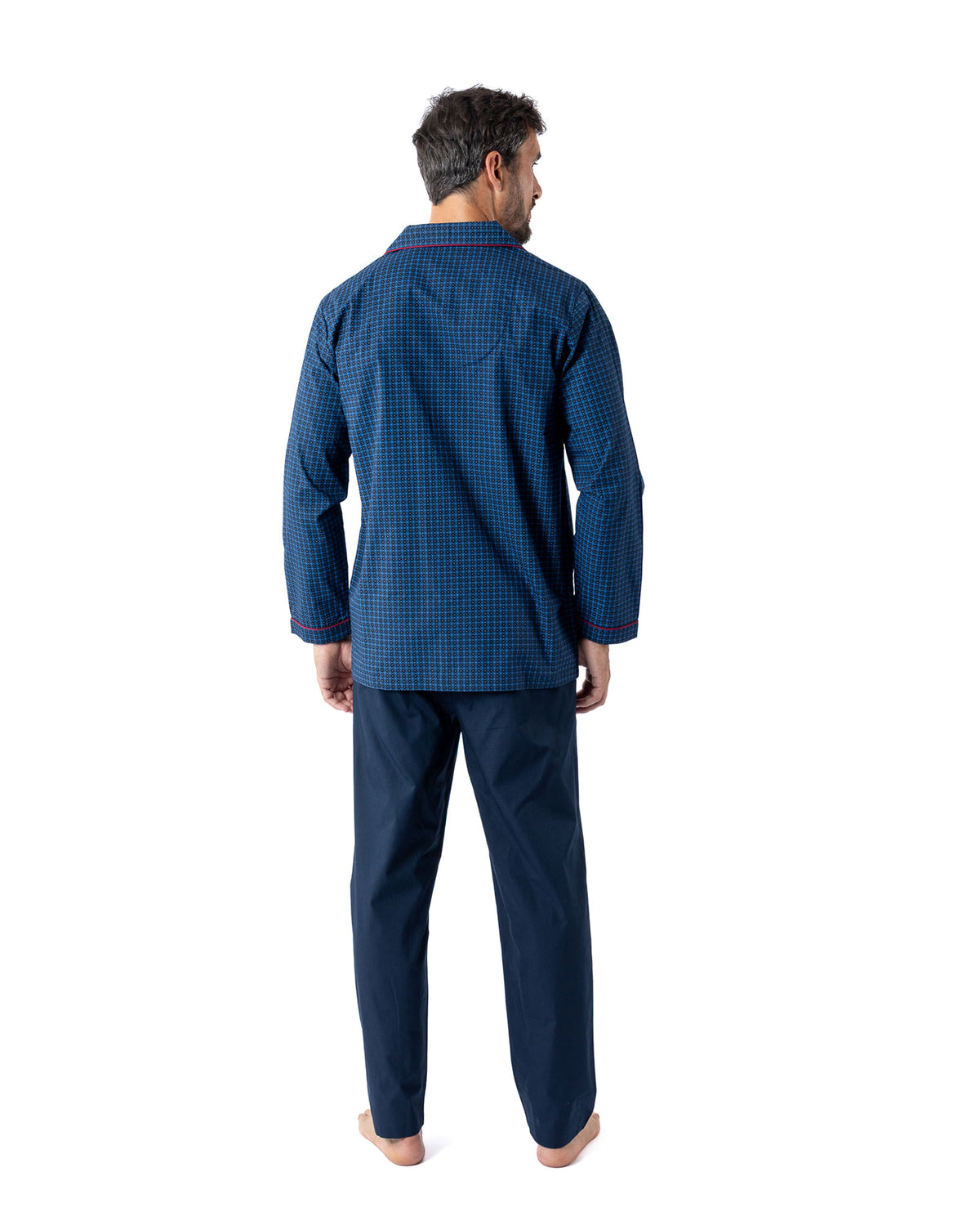 Pyjama Long Ouvert en popeline de pur Coton imprimé Marine H425