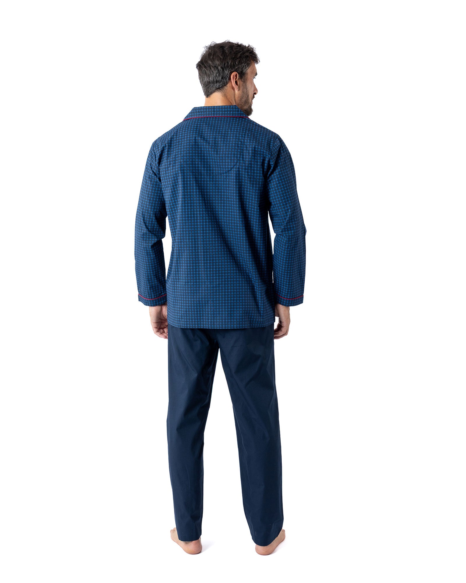 Pyjama Long Ouvert en popeline de pur Coton imprimé Marine H425