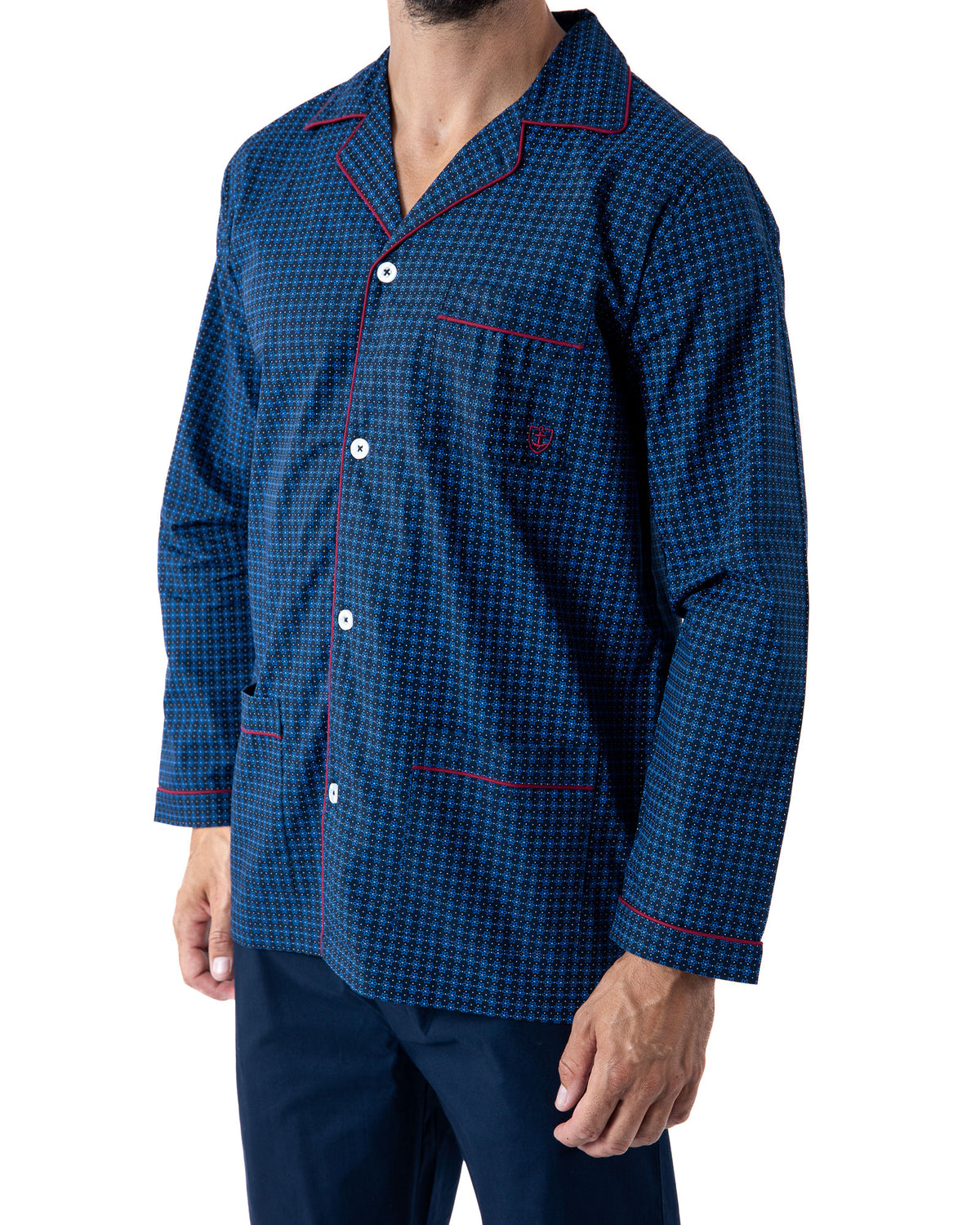 Pyjama Long Ouvert en popeline de pur Coton imprimé Marine H425