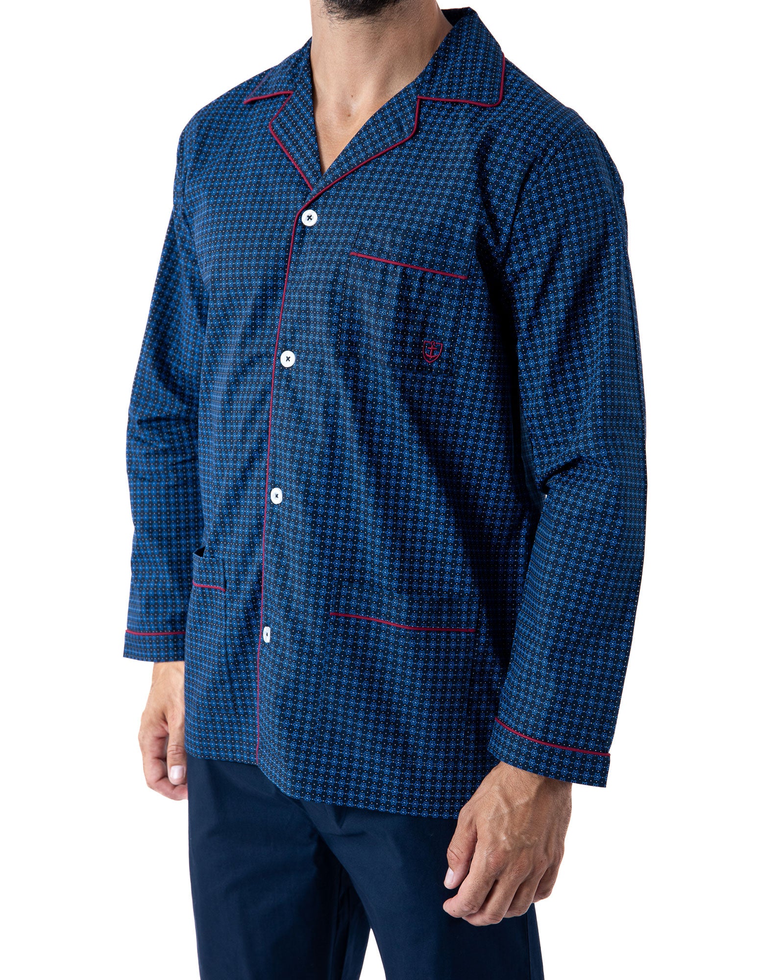 Pyjama Long Ouvert en popeline de pur Coton imprimé Marine H425