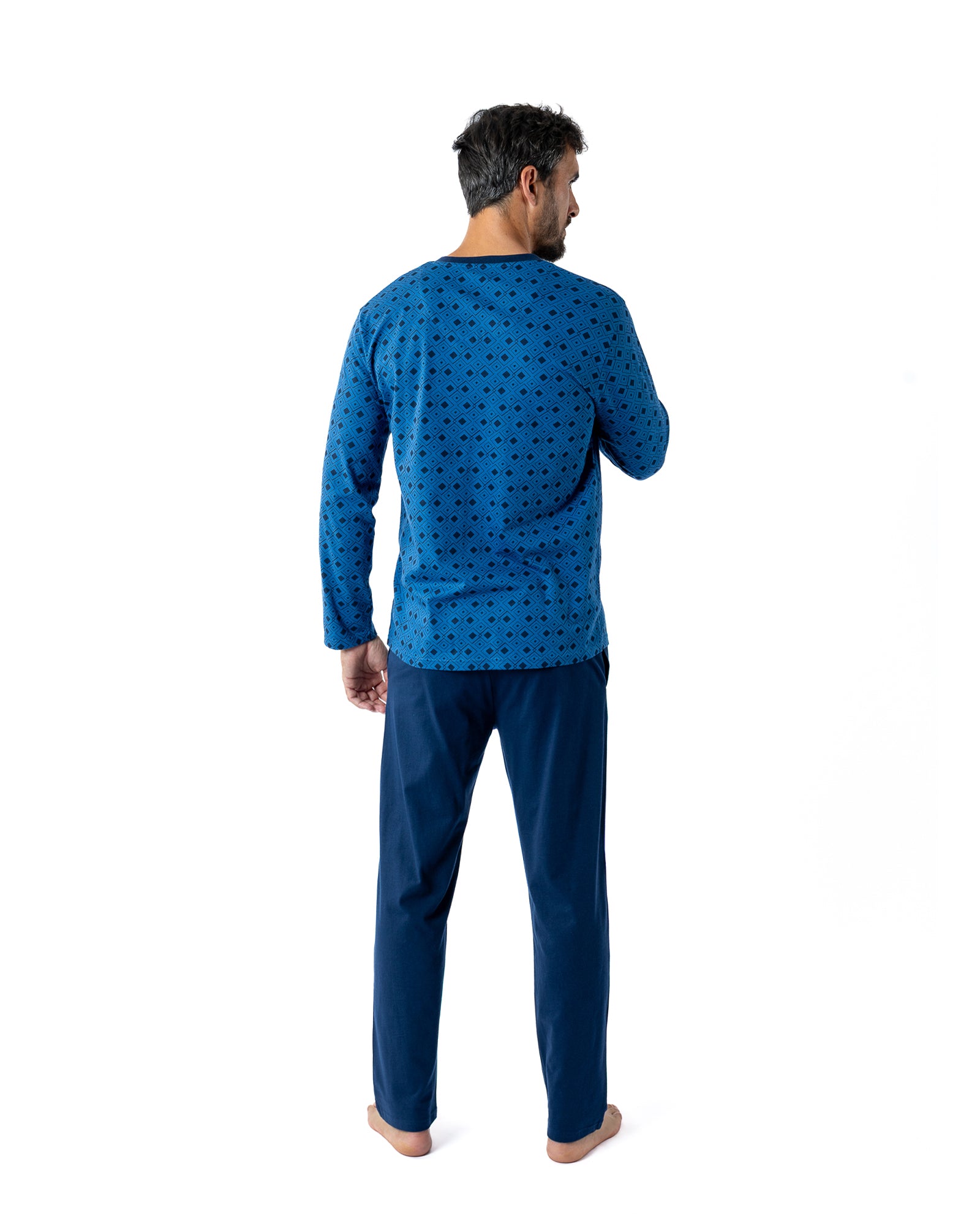 Pyjama Col V imprimé en Jersey de pur coton Indigo et Marine H433