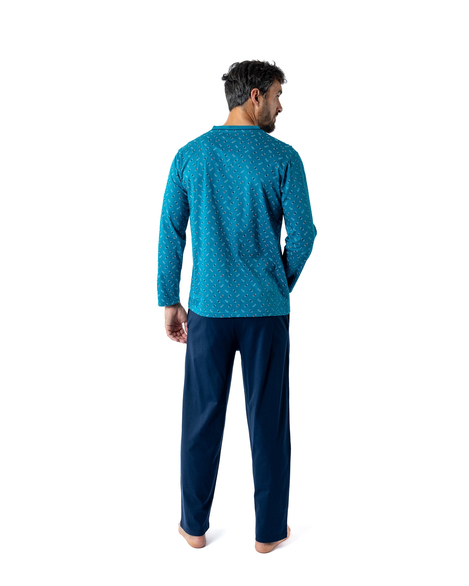 Pyjama Col V en Jersey de Coton Mercerisé Imprimé Bleu pétrole H459