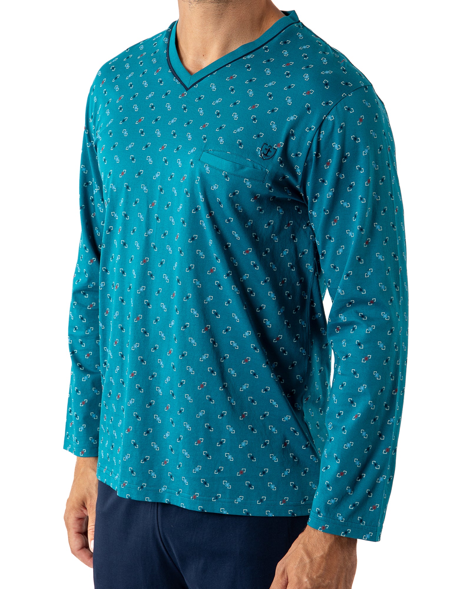 Pyjama Col V en Jersey de Coton Mercerisé Imprimé Bleu pétrole H459