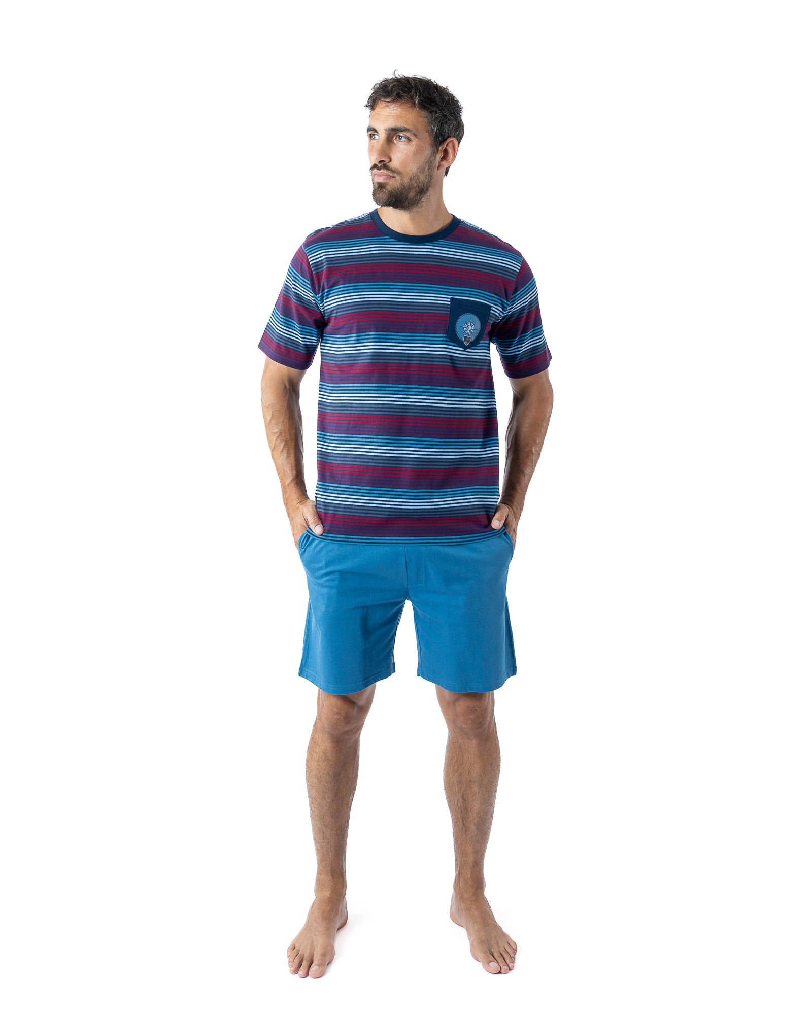 Pyjashort Homme Col Rond en Coton rayé fils teints Marine H508