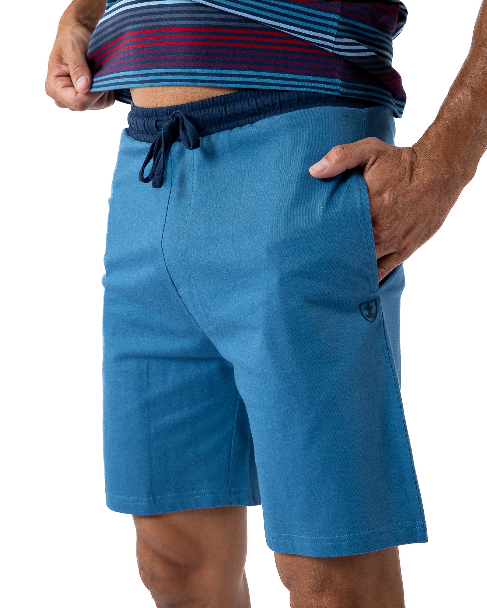 Pyjashort Homme Col Rond en Coton rayé fils teints Marine H508