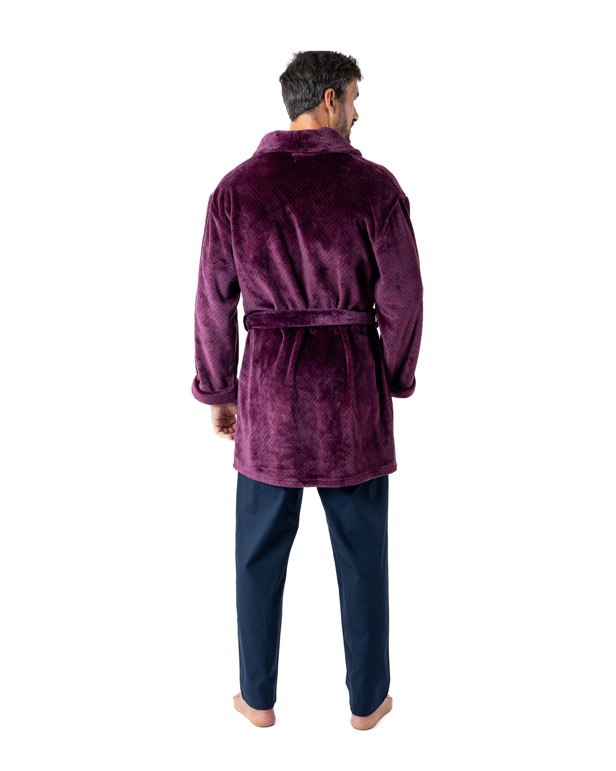 Blue Plaid Printed Micro Fleece Shawl Collar Kimono