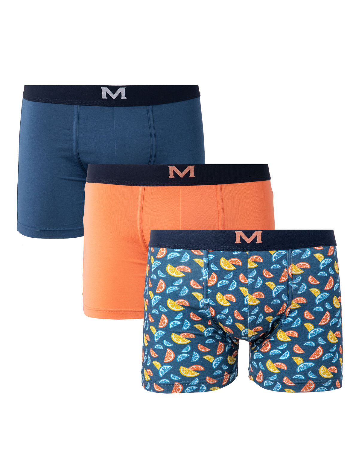 packs de 3 Boxers en Coton BIO Stretch indigo-orange-imprimé I205.3