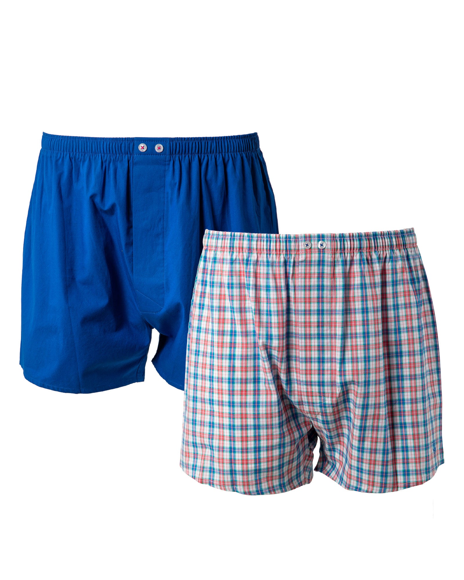 Set van 2 boxershorts in zuiver katoen popeline, kleine ruit en effen blauw I303.2