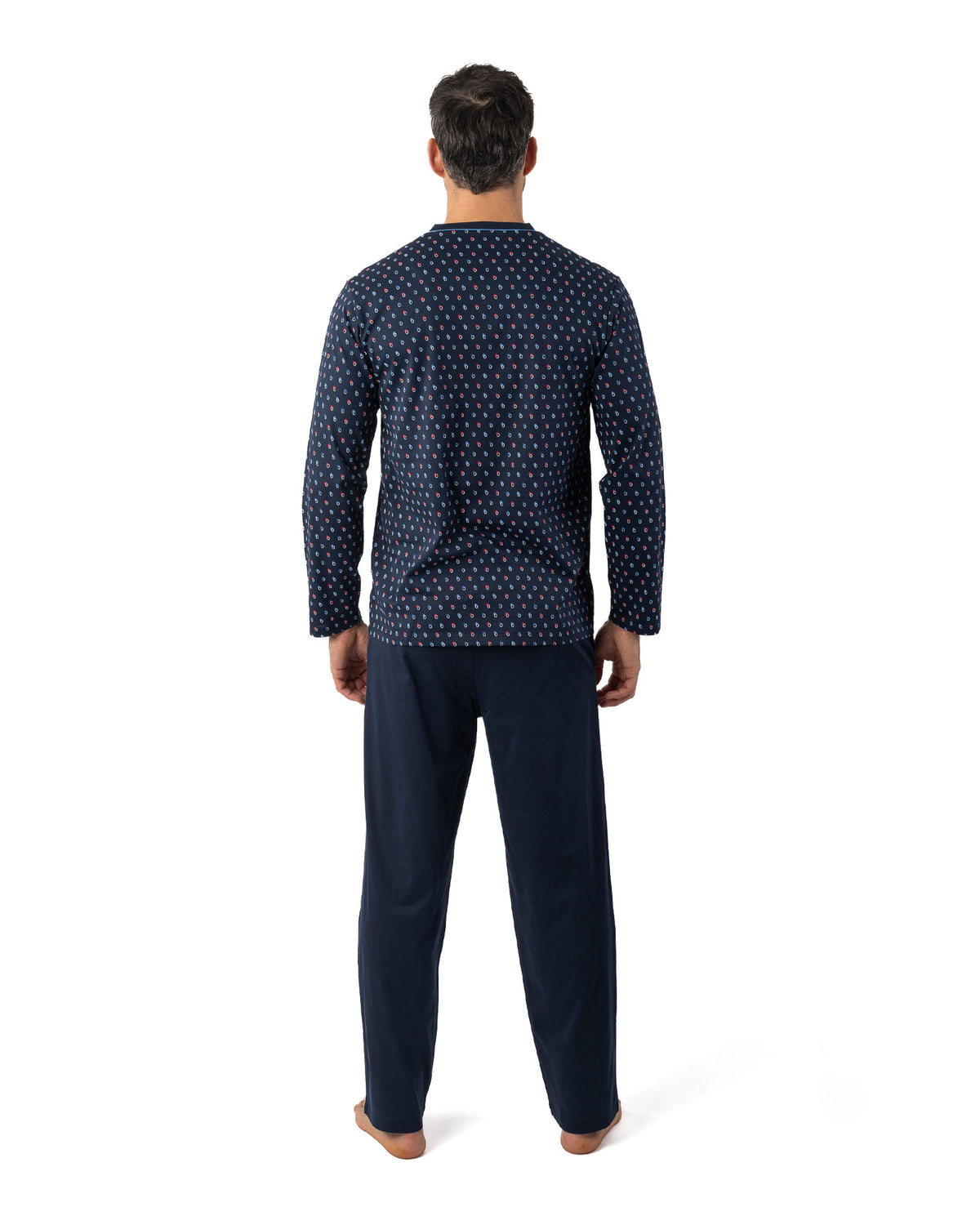 Pyjama long Col V en Jersey de Coton Mercerisé Imprimé Marine I466
