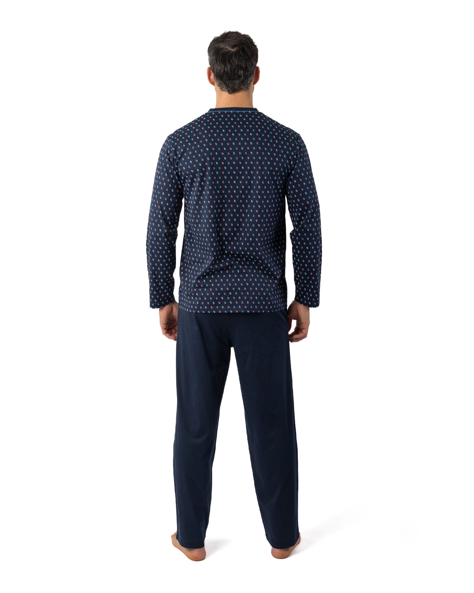 V-Neck Pajamas in Navy Printed Mercerized Cotton Jersey with Stripe Effect