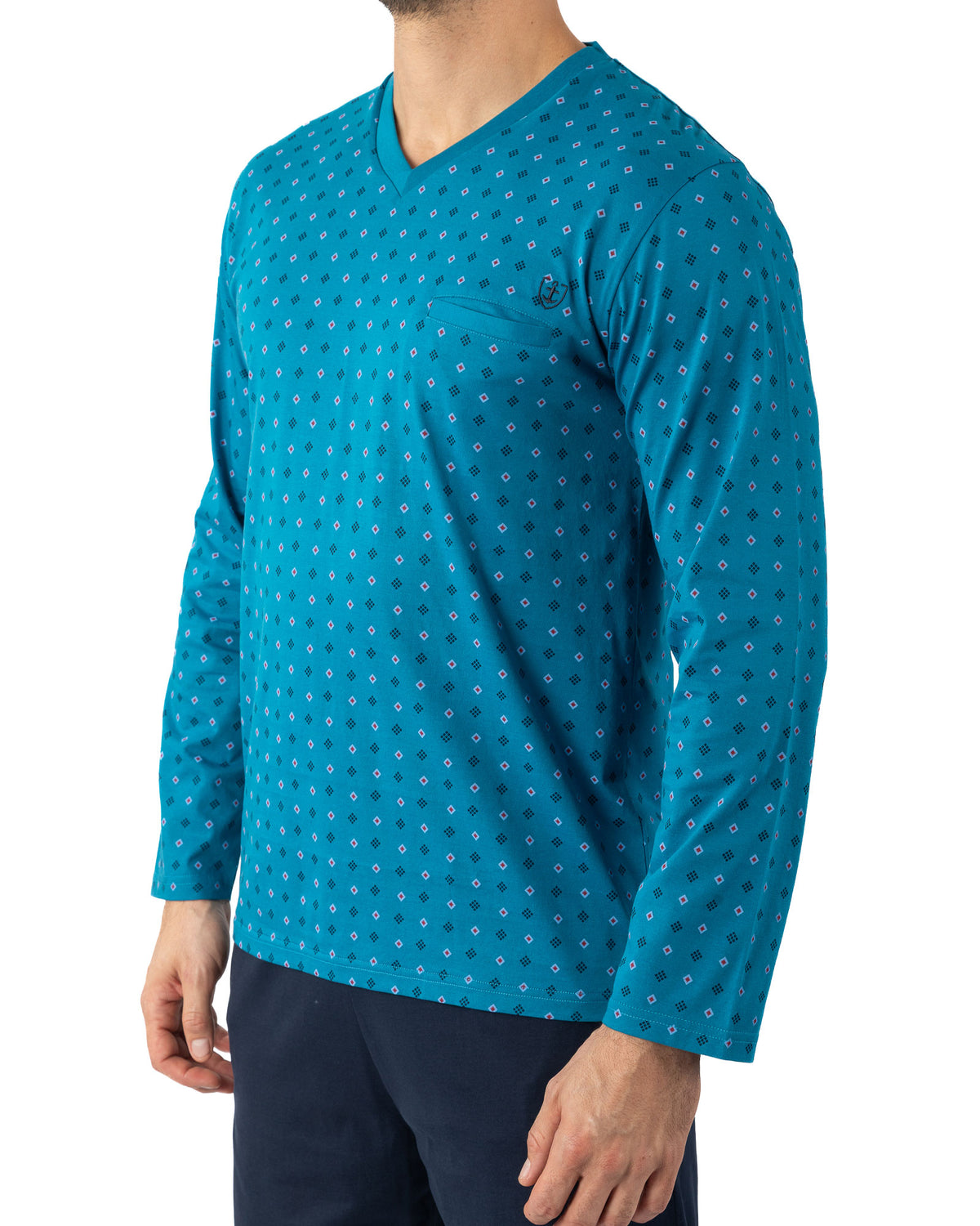 Long V-neck pyjamas in mercerized cotton jersey, petrol blue print I468