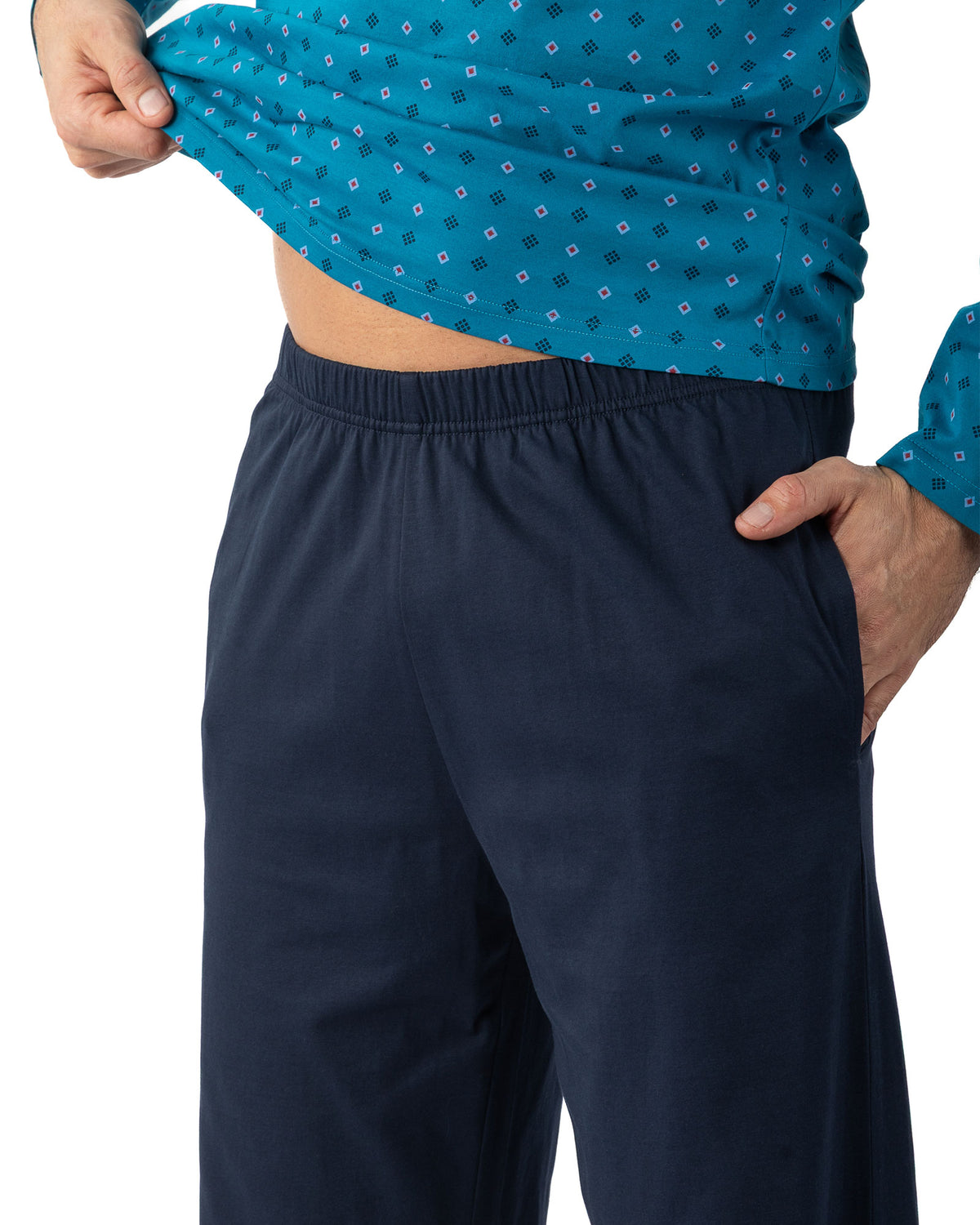 Long V-neck pyjamas in mercerized cotton jersey, petrol blue print I468