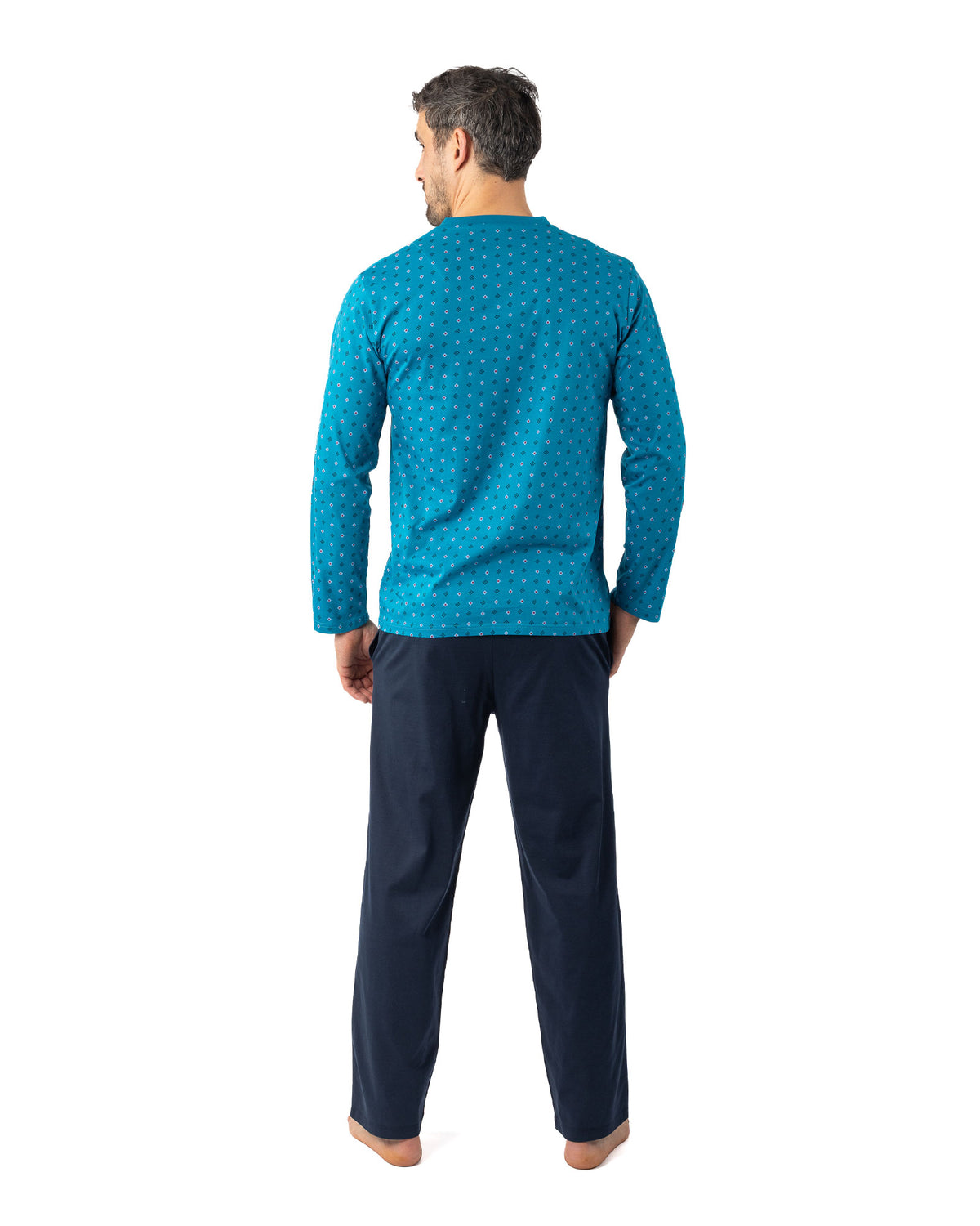 Long V-neck pyjamas in mercerized cotton jersey, petrol blue print I468