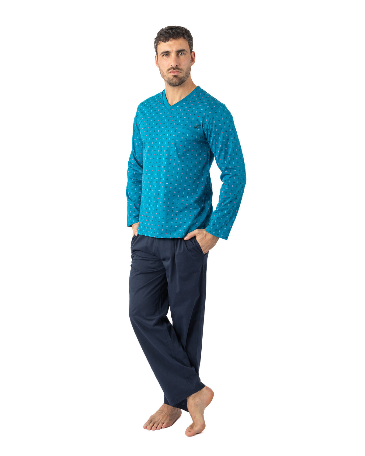 Long V-neck pyjamas in mercerized cotton jersey, petrol blue print I468